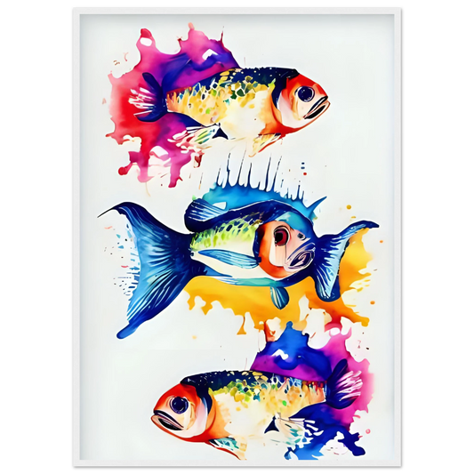 Abstract aquatic flow vibrant fish art print splash of color for your space choose your size frame art print in a White frame size 21x29.7 cm / 8x12" affordable wall art by Art Aunty NZ