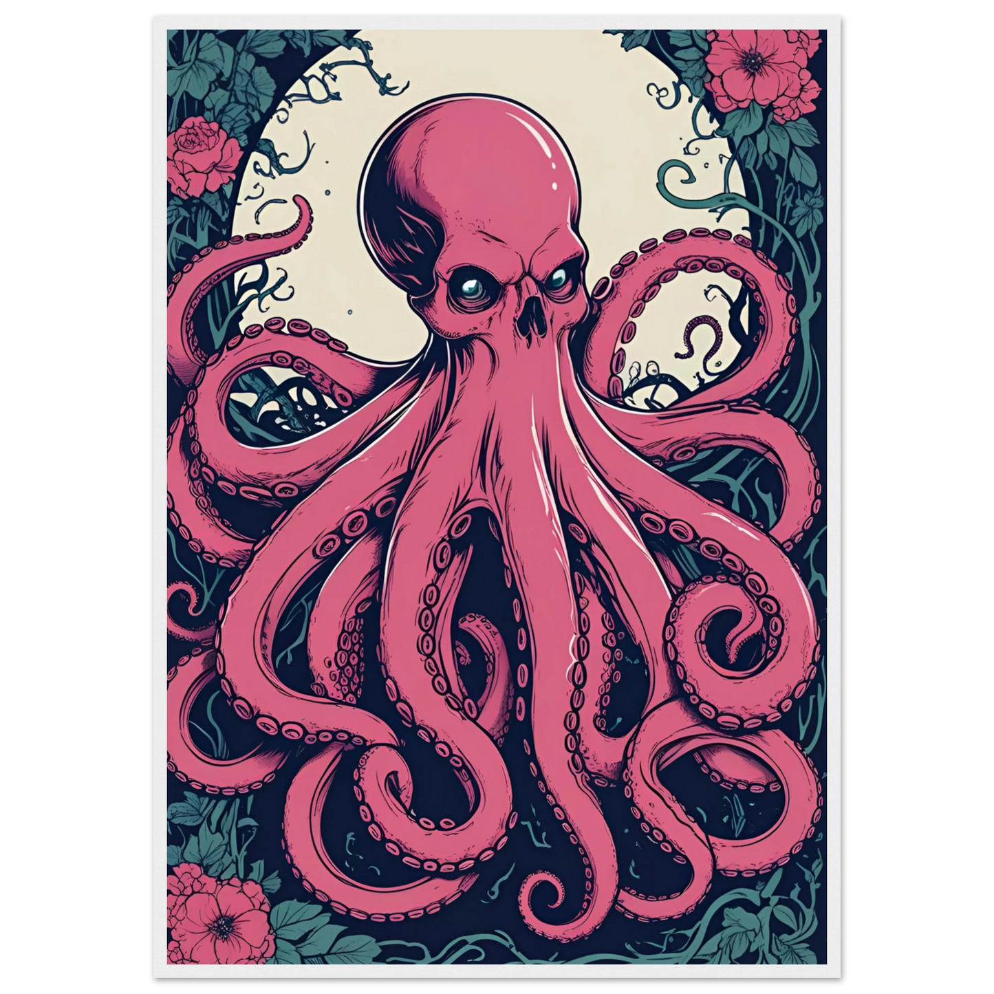 Skulltopus vibrant pink octopus skull botanical art print choose your size frame art print in a White frame size 21x29.7 cm / 8x12" affordable wall art by Art Aunty NZ