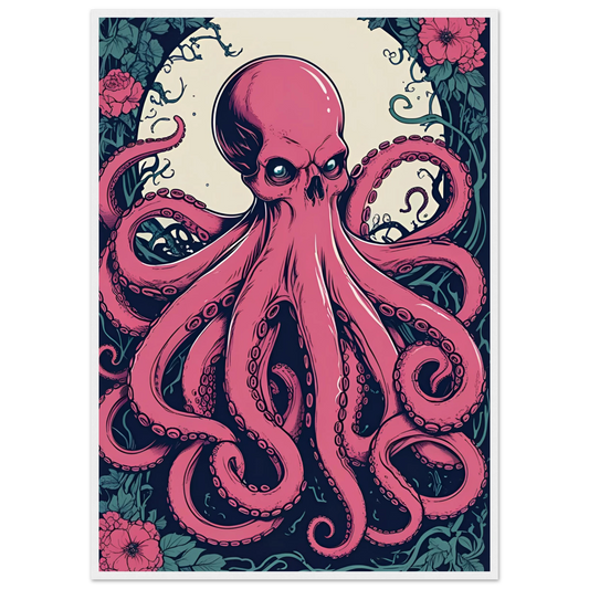 Skulltopus vibrant pink octopus skull botanical art print choose your size frame art print in a White frame size 21x29.7 cm / 8x12" affordable wall art by Art Aunty NZ