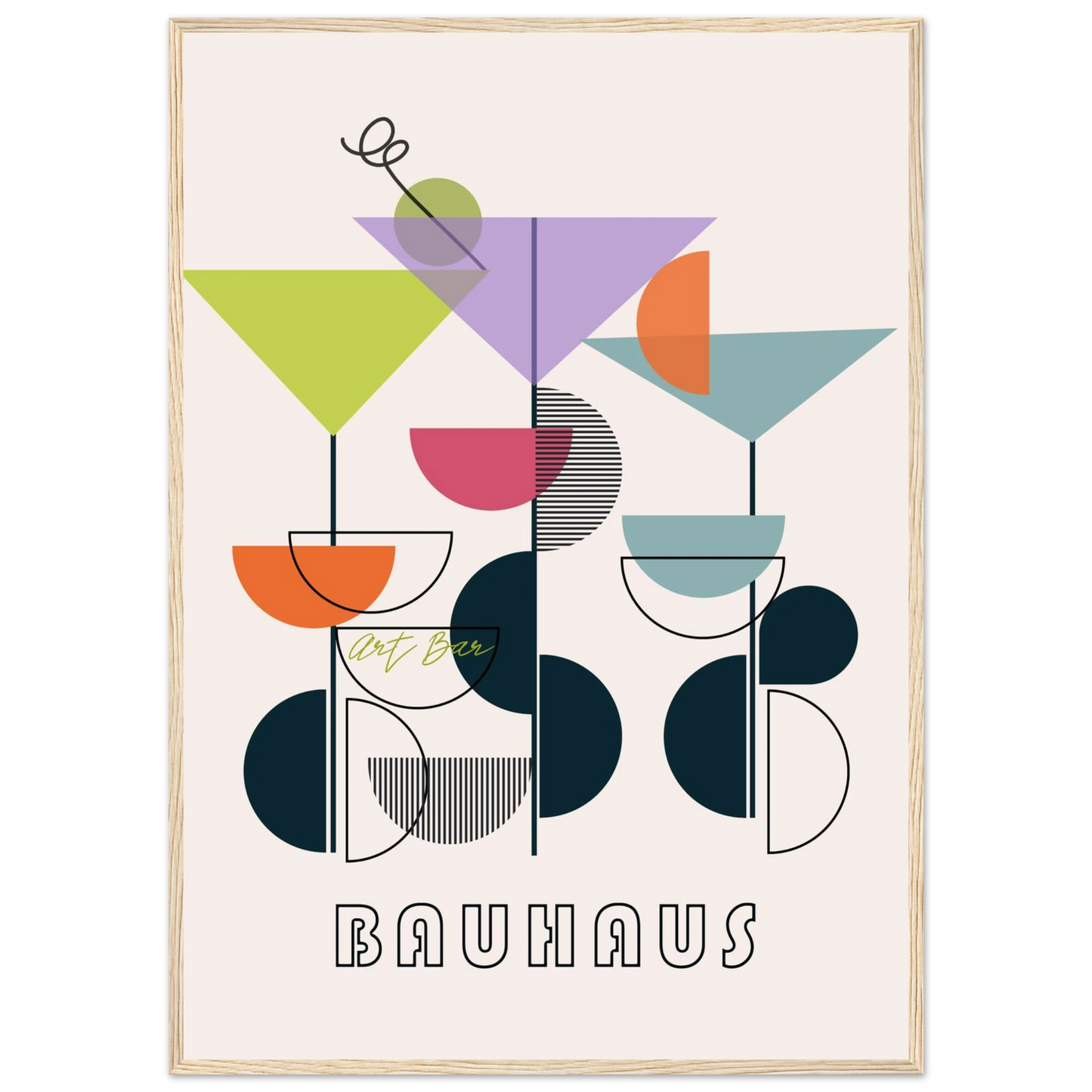 Bauhaus art bar cocktail abstract wall art print a modern geometric statement piece in your choice of frame and size art print in a White frame size A1 (59.4 x 84.1  cm) affordable wall art by Art Aunty NZ
