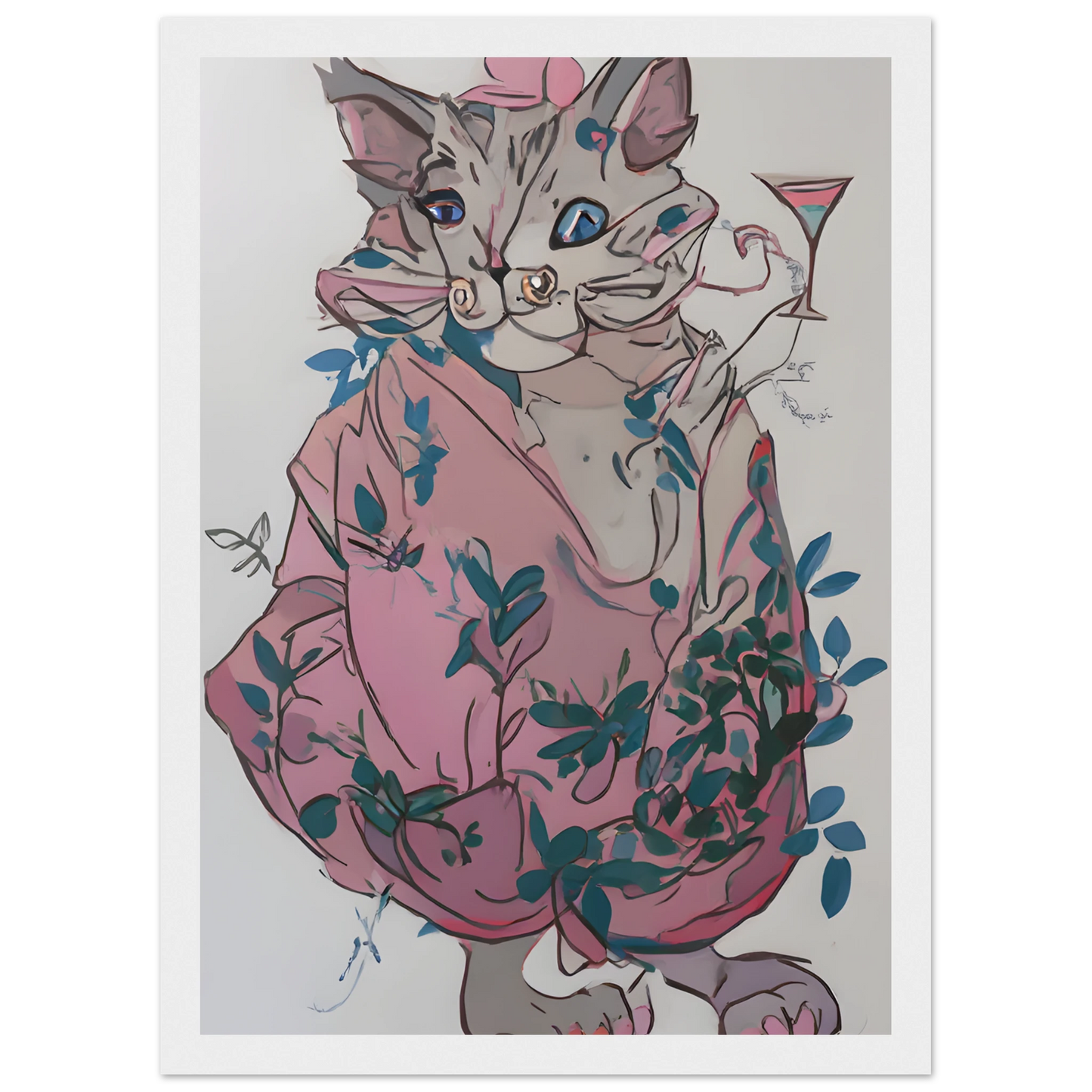 Chic cat with cocktail whimsical pink blue floral art print by anya trut choose your size frame art print in a Wood frame size A1 (59.4 x 84.1  cm) affordable wall art by Art Aunty NZ