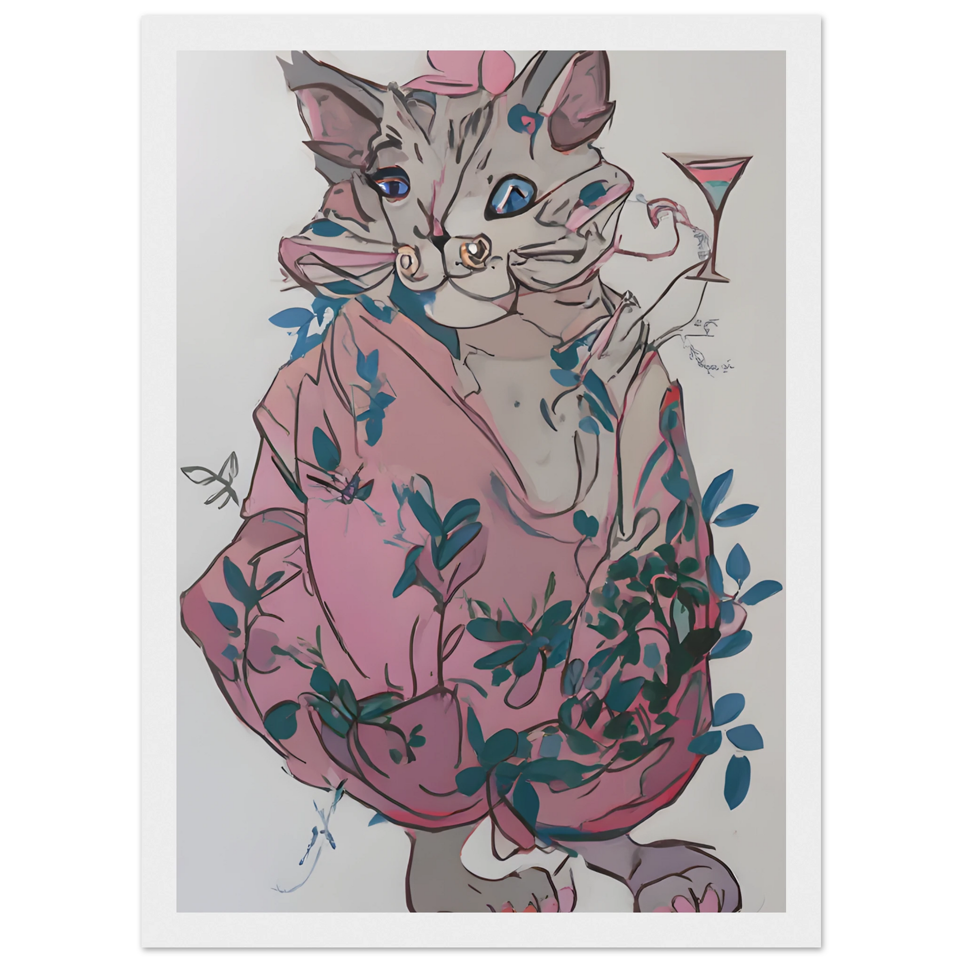 Chic cat with cocktail whimsical pink blue floral art print by anya trut choose your size frame art print in a Wood frame size A1 (59.4 x 84.1  cm) affordable wall art by Art Aunty NZ