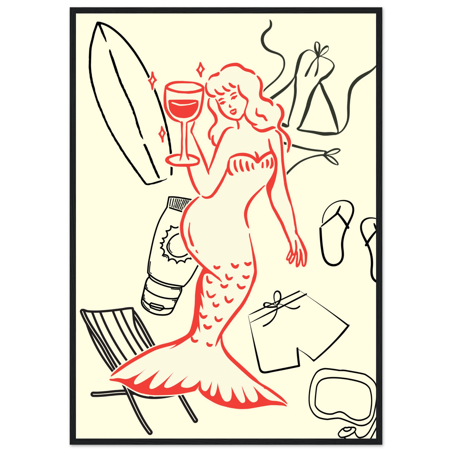 Summer mermaid wall art print beach vibes relaxation in your choice of size frame art print in a Black frame size A2 (42 x 59.4  cm) affordable wall art by Art Aunty NZ