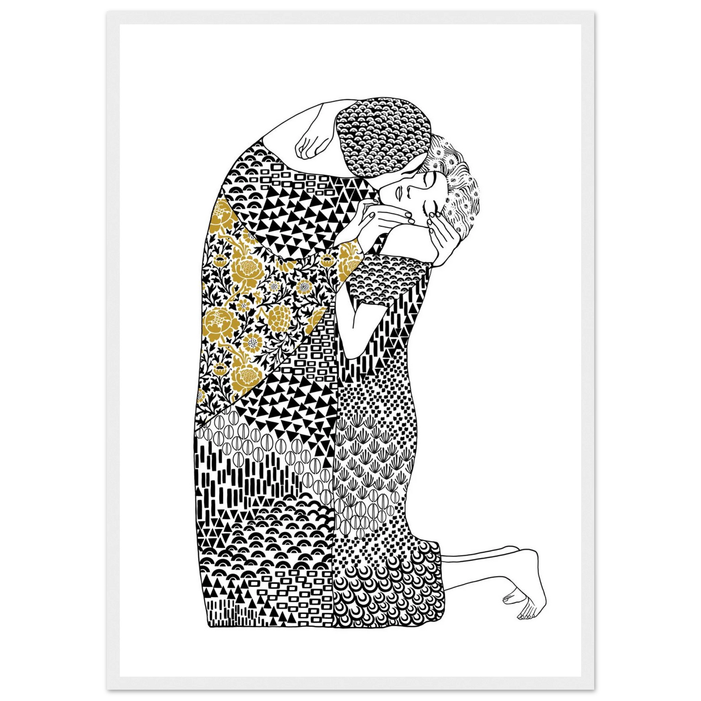 Abstract embrace golden floral geometric art print hand drawn expression on premium poster art print in a Black frame size 21x29.7 cm / 8x12" affordable wall art by Art Aunty NZ