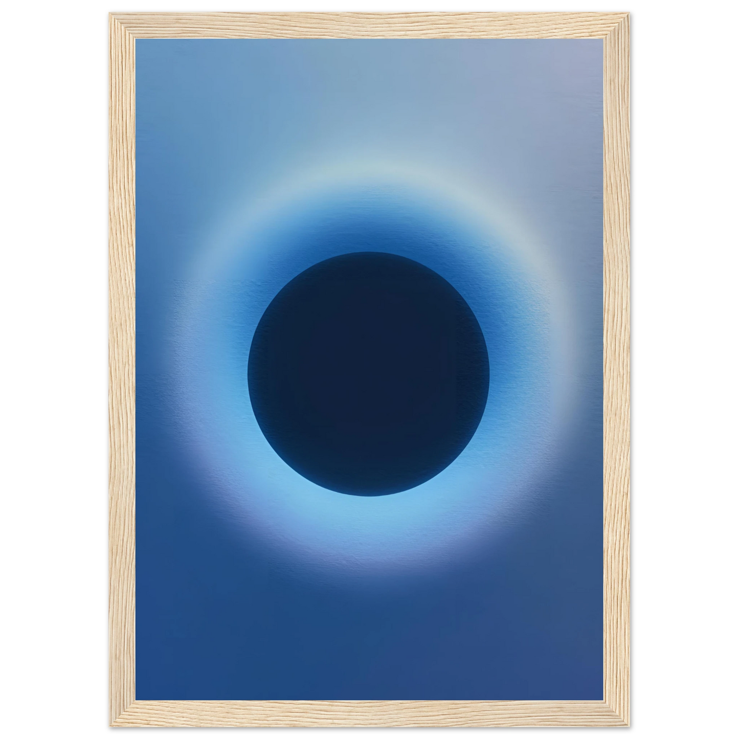 Cosmic aura eclipse art print mesmerizing blue black abstract circle for modern decor available in multiple sizes and frames art print in a Black frame size 21x29.7 cm / 8x12" affordable wall art by Art Aunty NZ