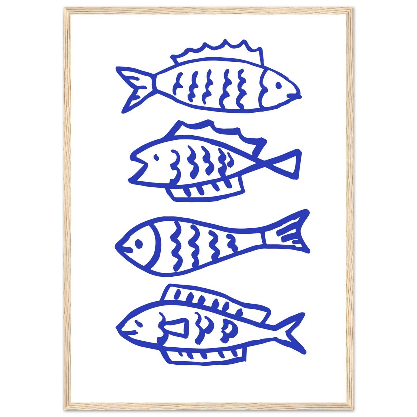 Abstract blue fish line art print by anya trut nautical charm for your home framed sized to perfection art print in a White frame size A1 (59.4 x 84.1  cm) affordable wall art by Art Aunty NZ
