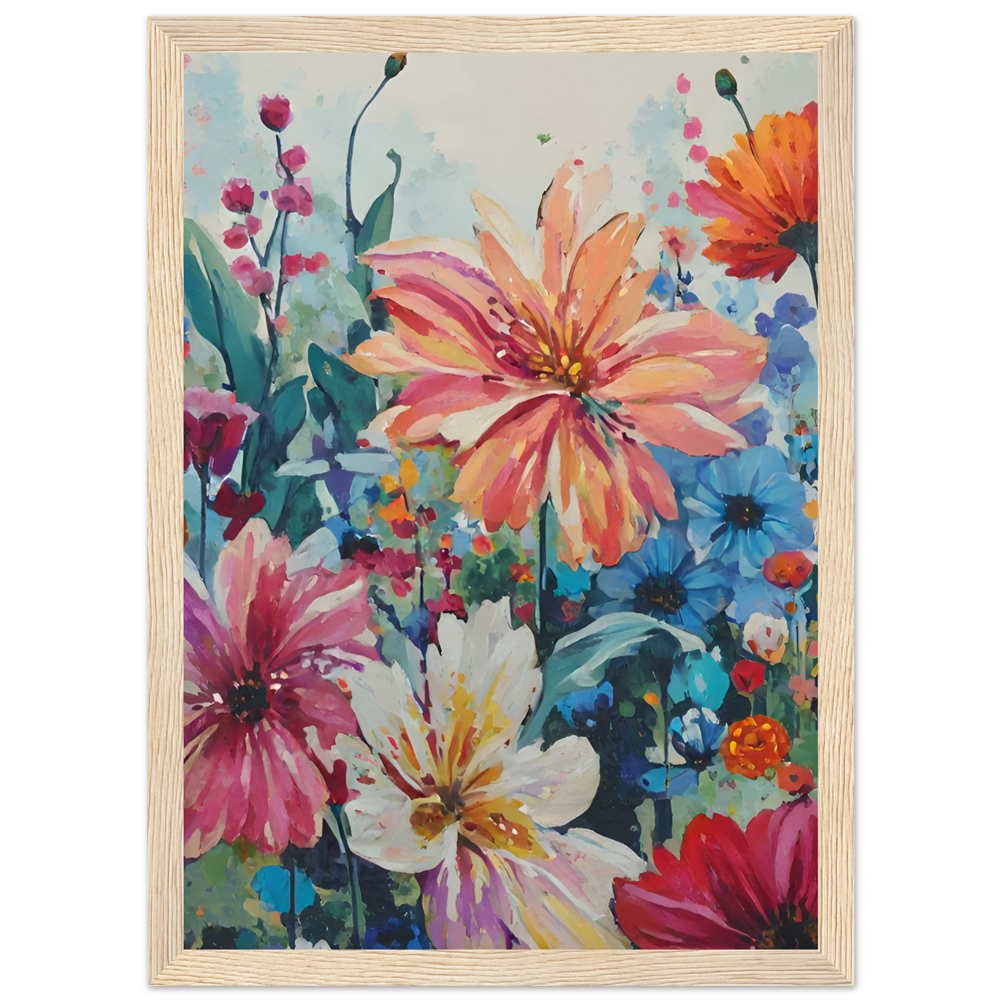 Vibrant floral meadow impressionistic wildflower art print customizable sizes frames art print in a Black frame size 21x29.7 cm / 8x12" affordable wall art by Art Aunty NZ