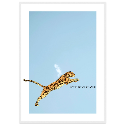 Leaping leopard art print spots dont change by anya trut available in multiple sizes and frame colors art print in a White frame size 21x29.7 cm / 8x12" affordable wall art by Art Aunty NZ