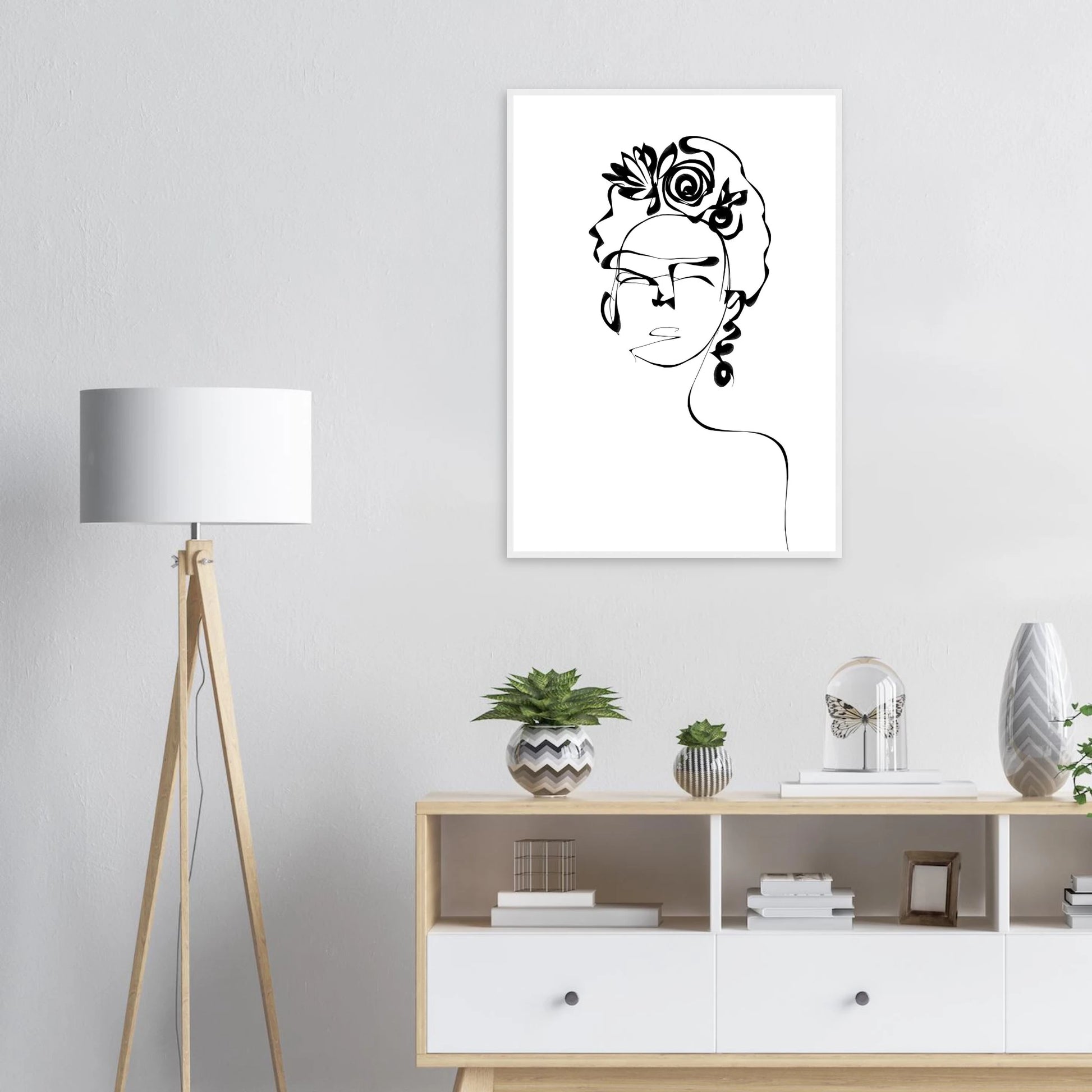 Minimalist frida kahlo inspired line art poster abstract floral portrait print in your choice of size and frame art print in a  size  affordable wall art by Art Aunty NZ