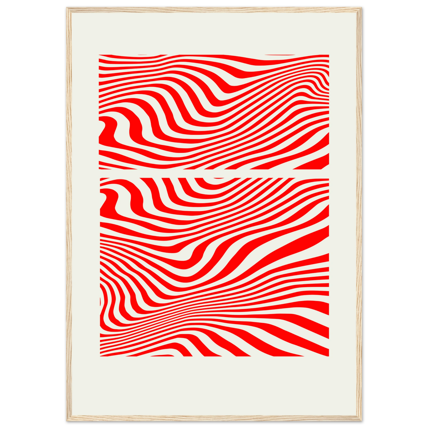 Psychedelic red white waves abstract print hypnotic rhythm framed poster in multiple sizes frame colors art print in a Black frame size A1 (59.4 x 84.1  cm) affordable wall art by Art Aunty NZ