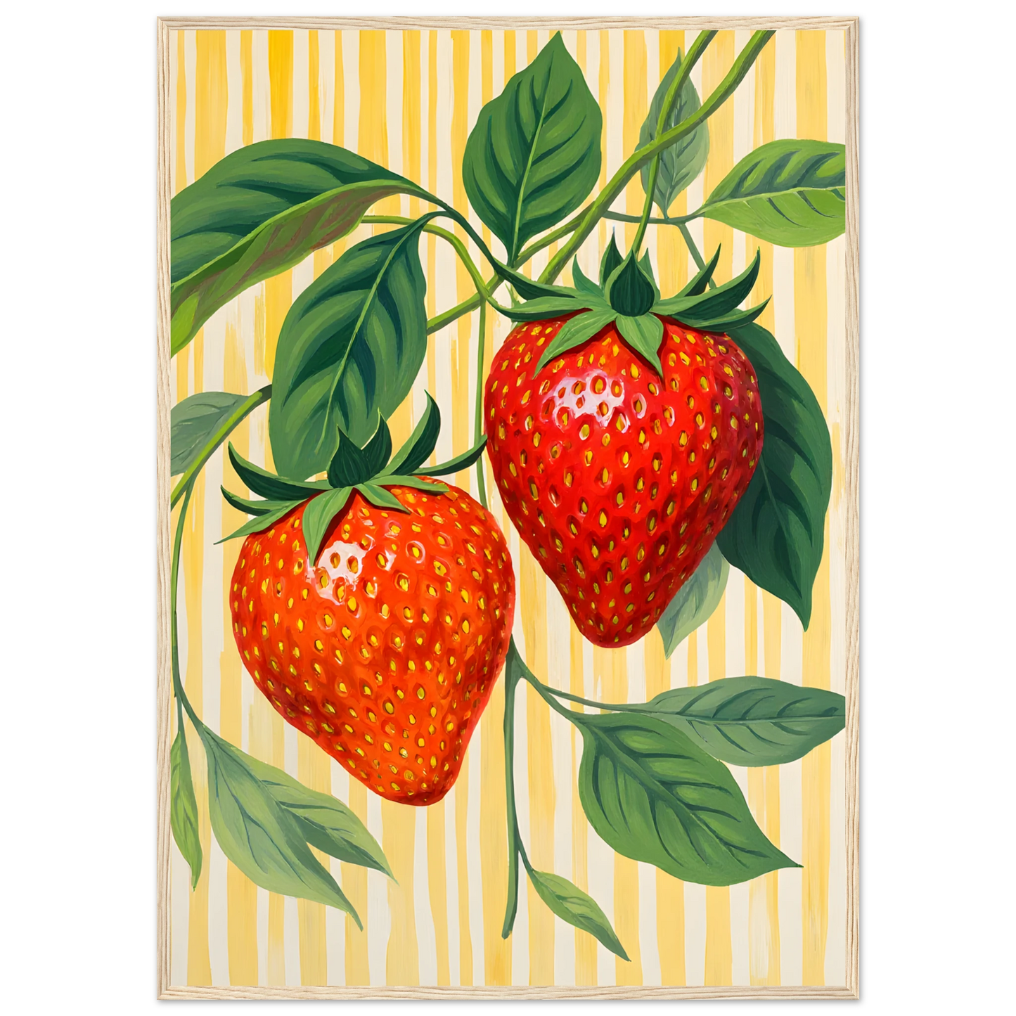 Strawberry bliss vibrant botanical art print by anya trut choose your size frame art print in a Black frame size A1 (59.4 x 84.1  cm) affordable wall art by Art Aunty NZ