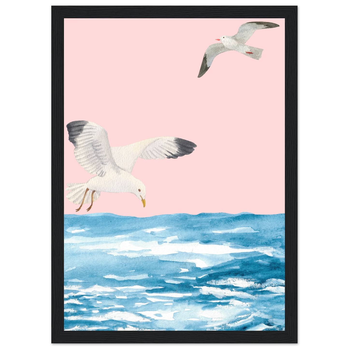 Coastal flight serene seagull watercolour art print by anya trut choose your size frame art print in a White frame size A2 (42 x 59.4  cm) affordable wall art by Art Aunty NZ