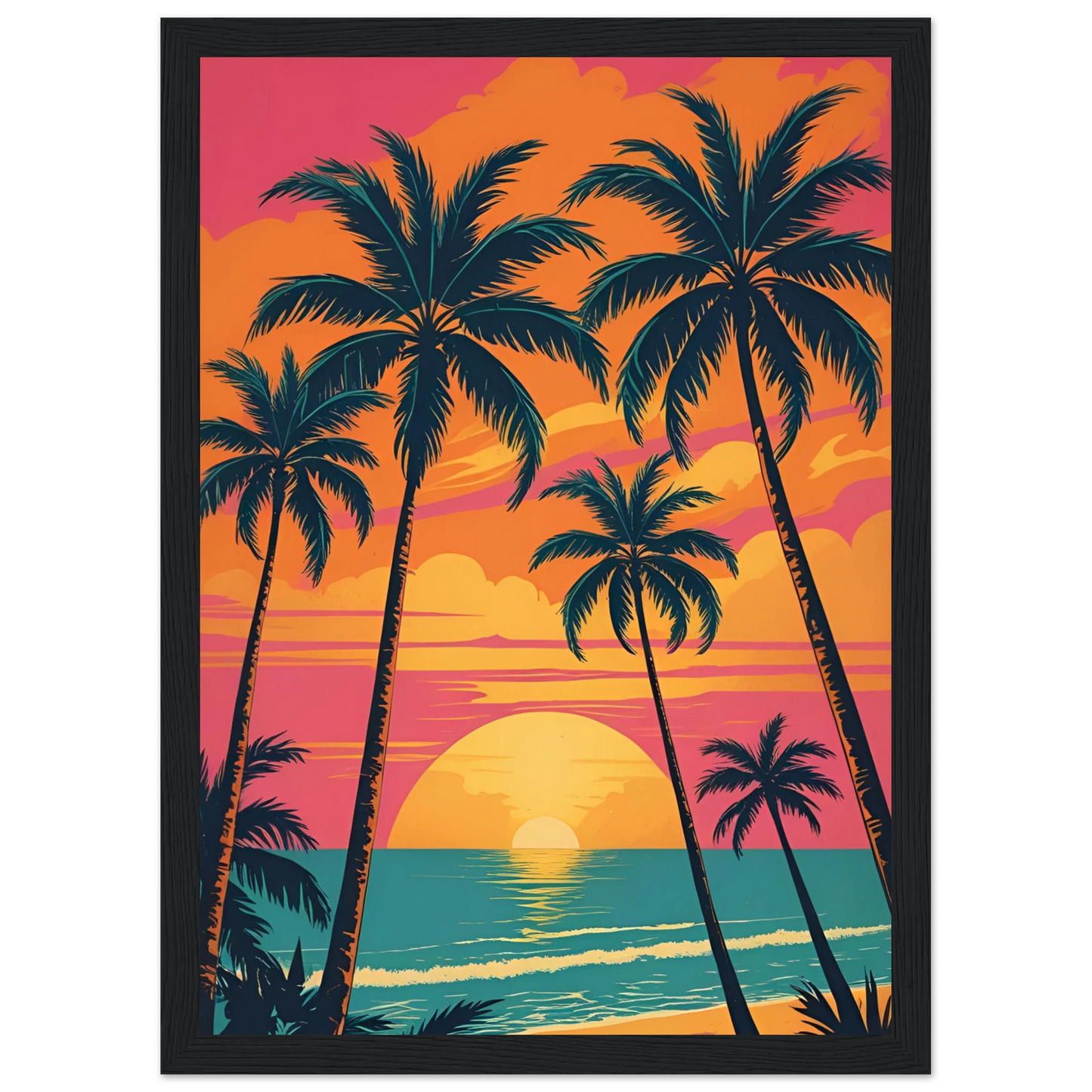 Vibrant sunset beach palm trees art print by anya trut tropical dreamscape wall decor art print in a White frame size A2 (42 x 59.4  cm) affordable wall art by Art Aunty NZ