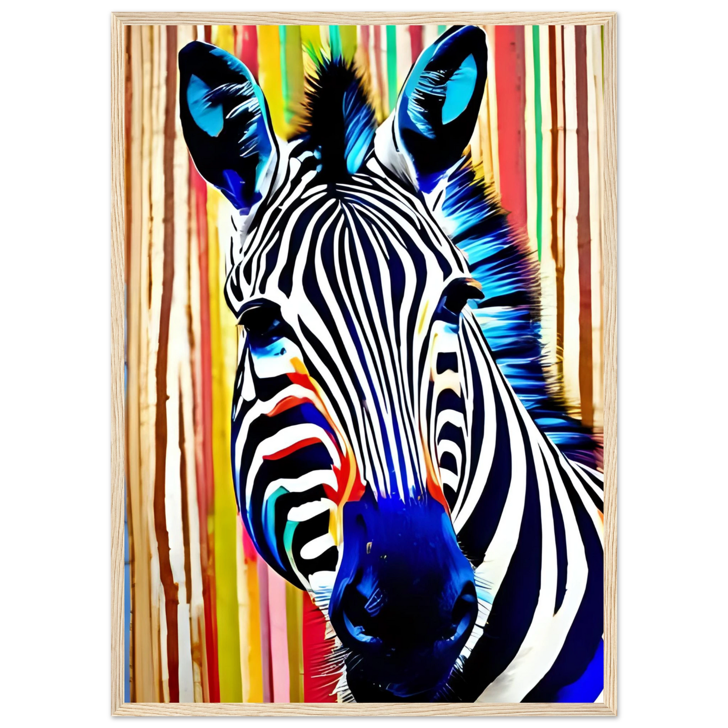 Abstract neon zebra art print electric stripes by anya trut in your choice of size and frame art print in a White frame size A1 (59.4 x 84.1  cm) affordable wall art by Art Aunty NZ