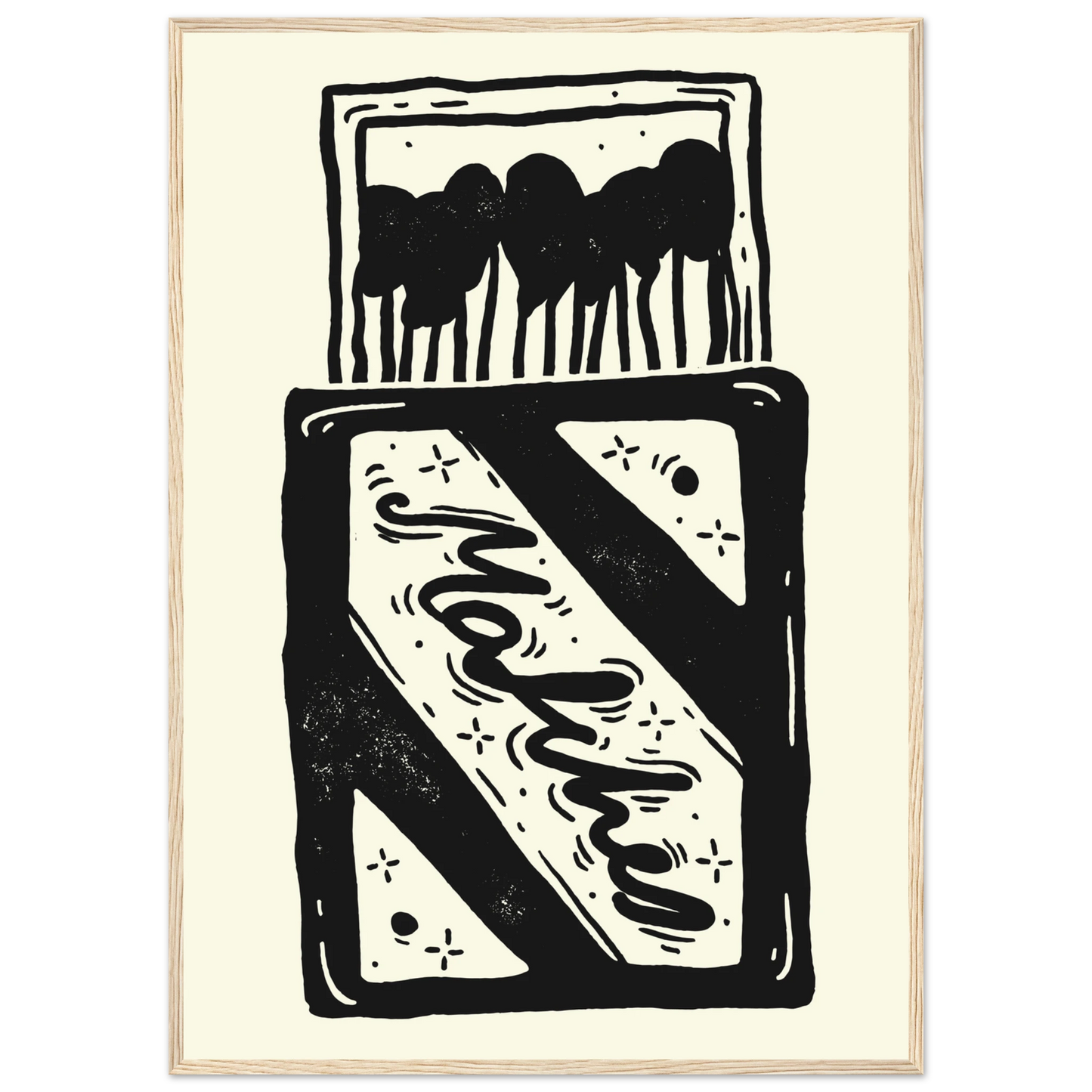 Charming match linocut art print by anya trut black white abstract home decor art print in a Black frame size A1 (59.4 x 84.1  cm) affordable wall art by Art Aunty NZ