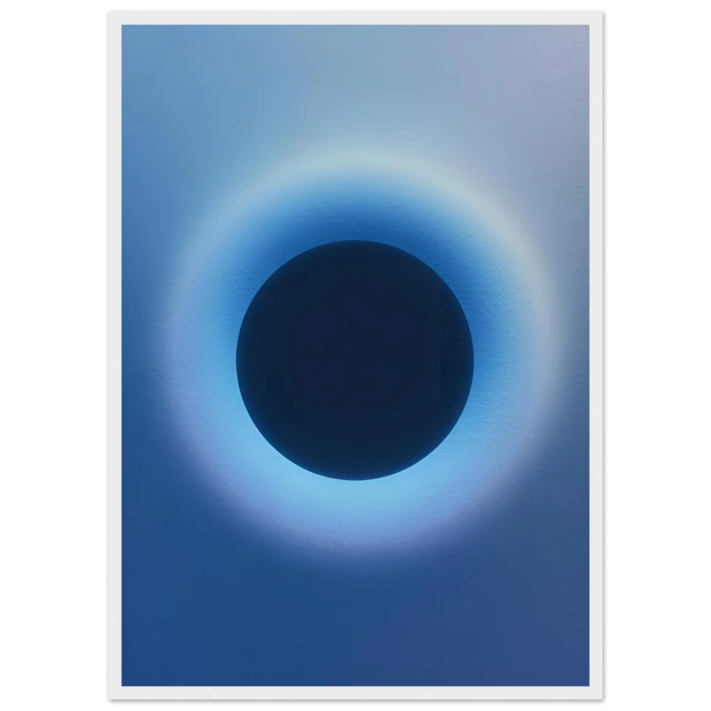 Cosmic aura eclipse art print mesmerizing blue black abstract circle for modern decor available in multiple sizes and frames art print in a Wood frame size A2 (42 x 59.4  cm) affordable wall art by Art Aunty NZ