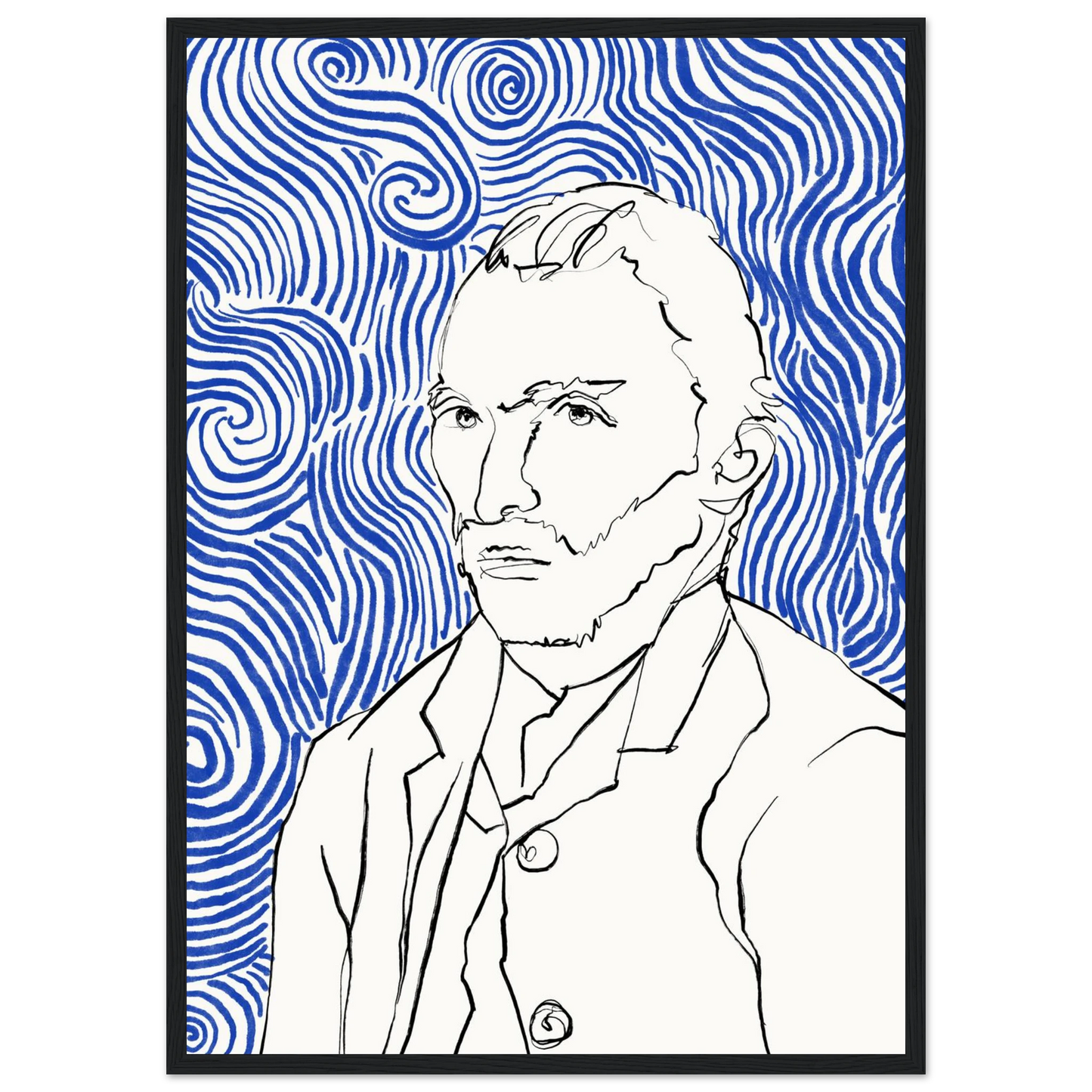 Starry night visionary framed poster iconic artist portrait with swirling blue lines by ioana horvat art print in a White frame size A2 (42 x 59.4  cm) affordable wall art by Art Aunty NZ
