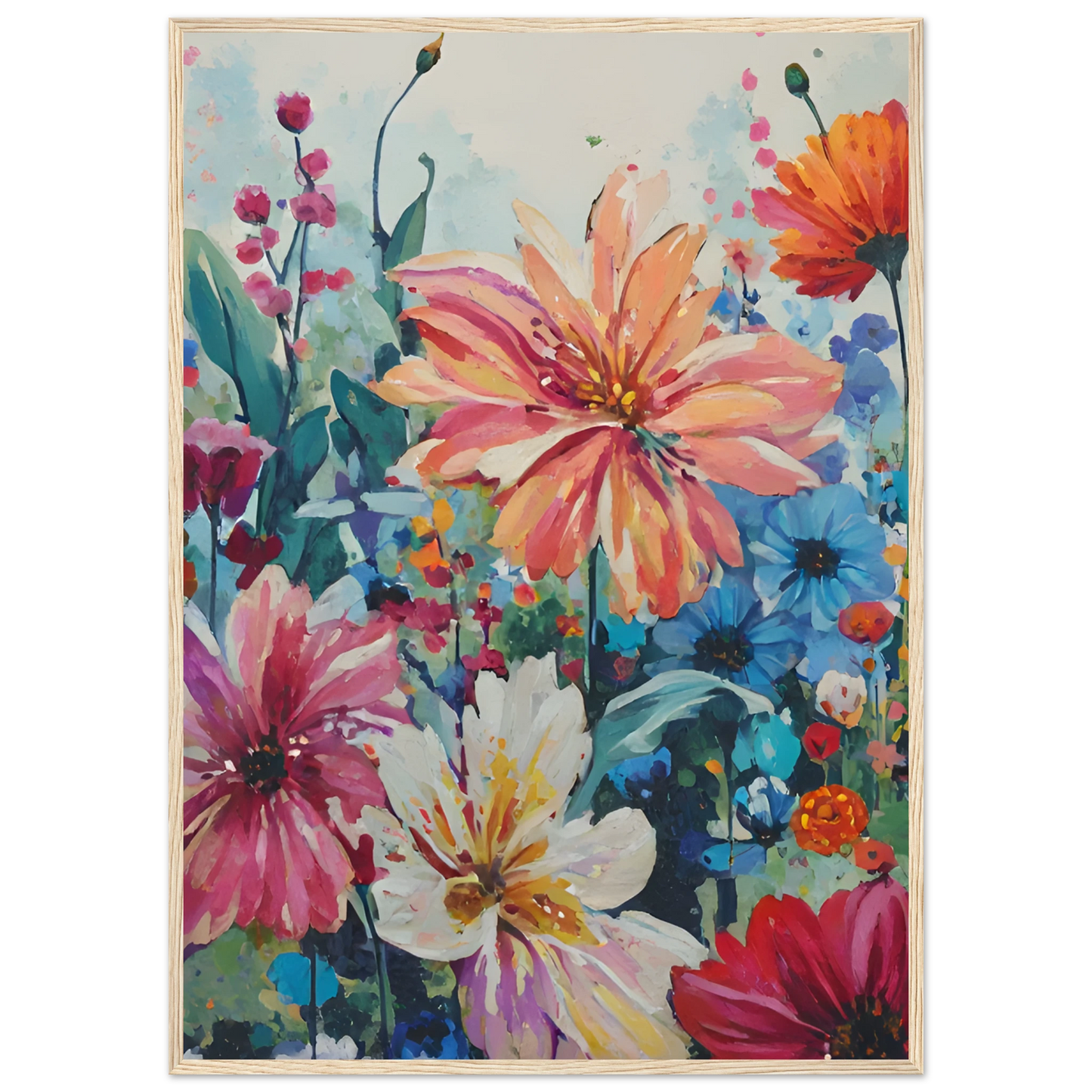 Vibrant floral meadow impressionistic wildflower art print customizable sizes frames art print in a Black frame size A1 (59.4 x 84.1  cm) affordable wall art by Art Aunty NZ