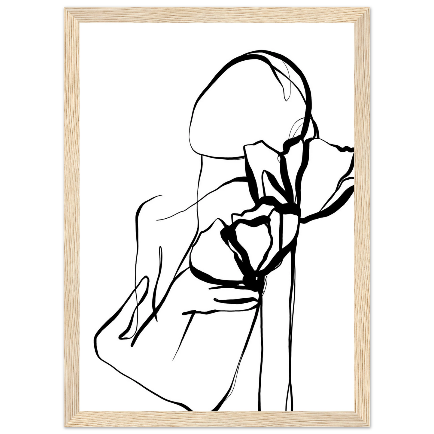 Abstract floral embrace line art print minimalist black white botanical poster art print in a Black frame size A2 (42 x 59.4  cm) affordable wall art by Art Aunty NZ