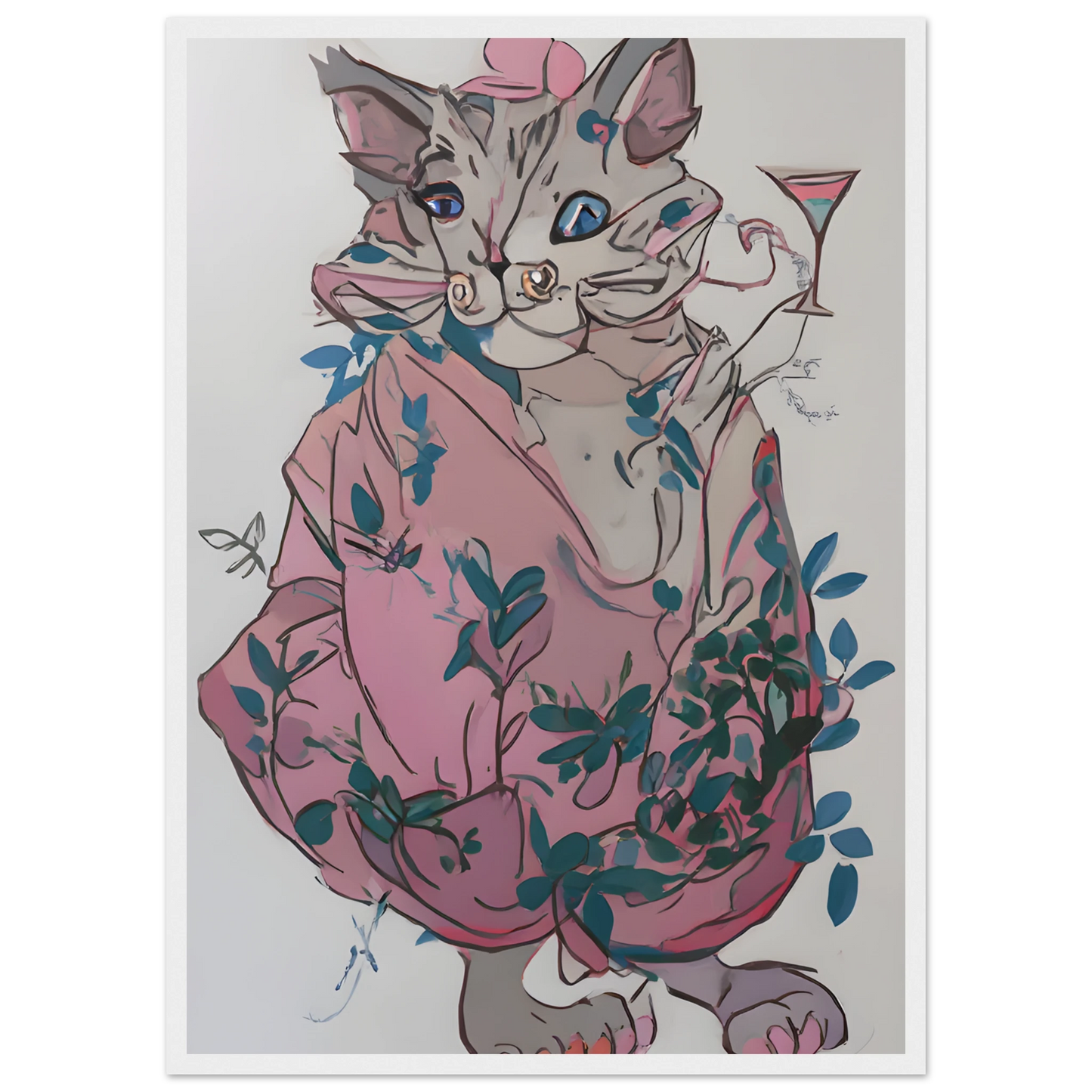 Chic cat with cocktail whimsical pink blue floral art print by anya trut choose your size frame art print in a Wood frame size A2 (42 x 59.4  cm) affordable wall art by Art Aunty NZ