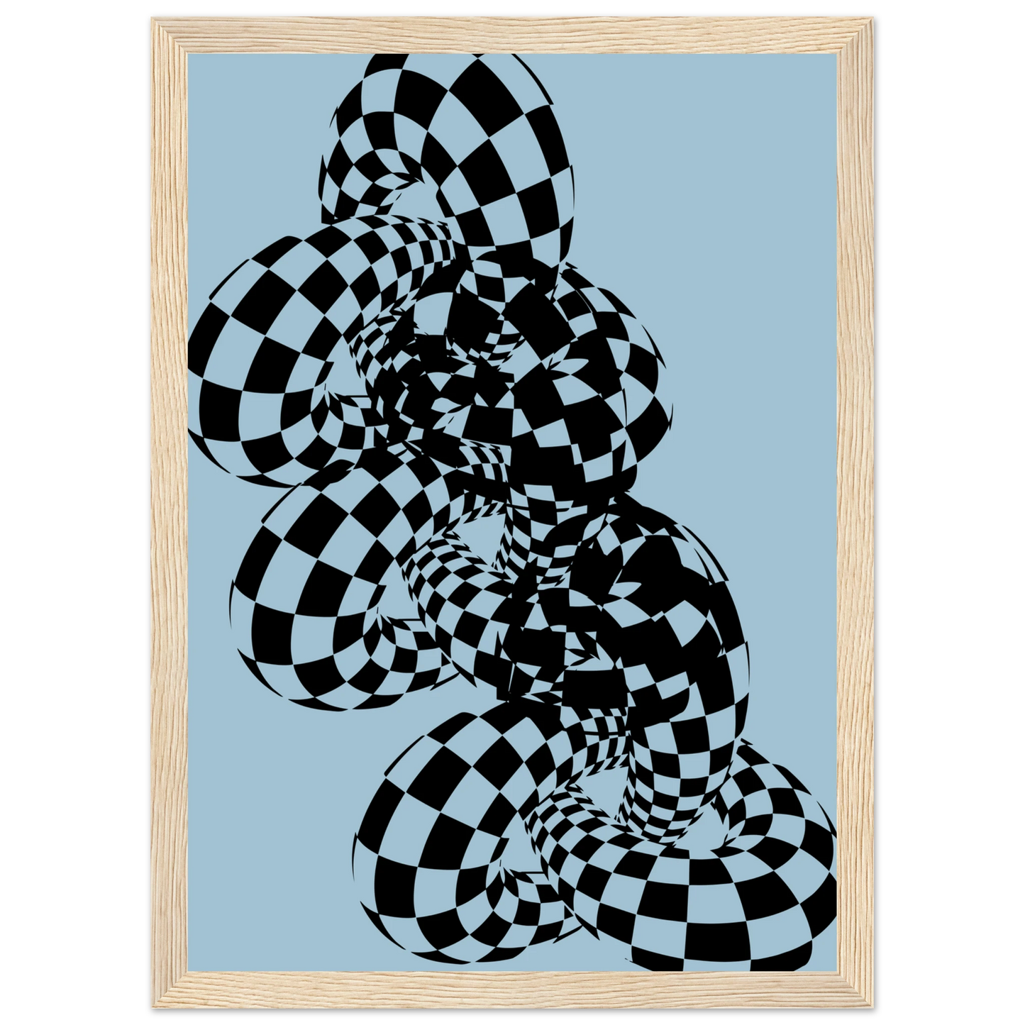 Abstract swirl mesmerizing checkered optical illusion wall art by anya trut art print in a Black frame size 21x29.7 cm / 8x12" affordable wall art by Art Aunty NZ