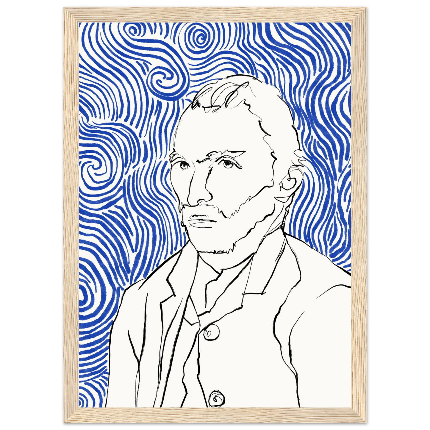 Starry night visionary framed poster iconic artist portrait with swirling blue lines by ioana horvat art print in a Black frame size A2 (42 x 59.4  cm) affordable wall art by Art Aunty NZ
