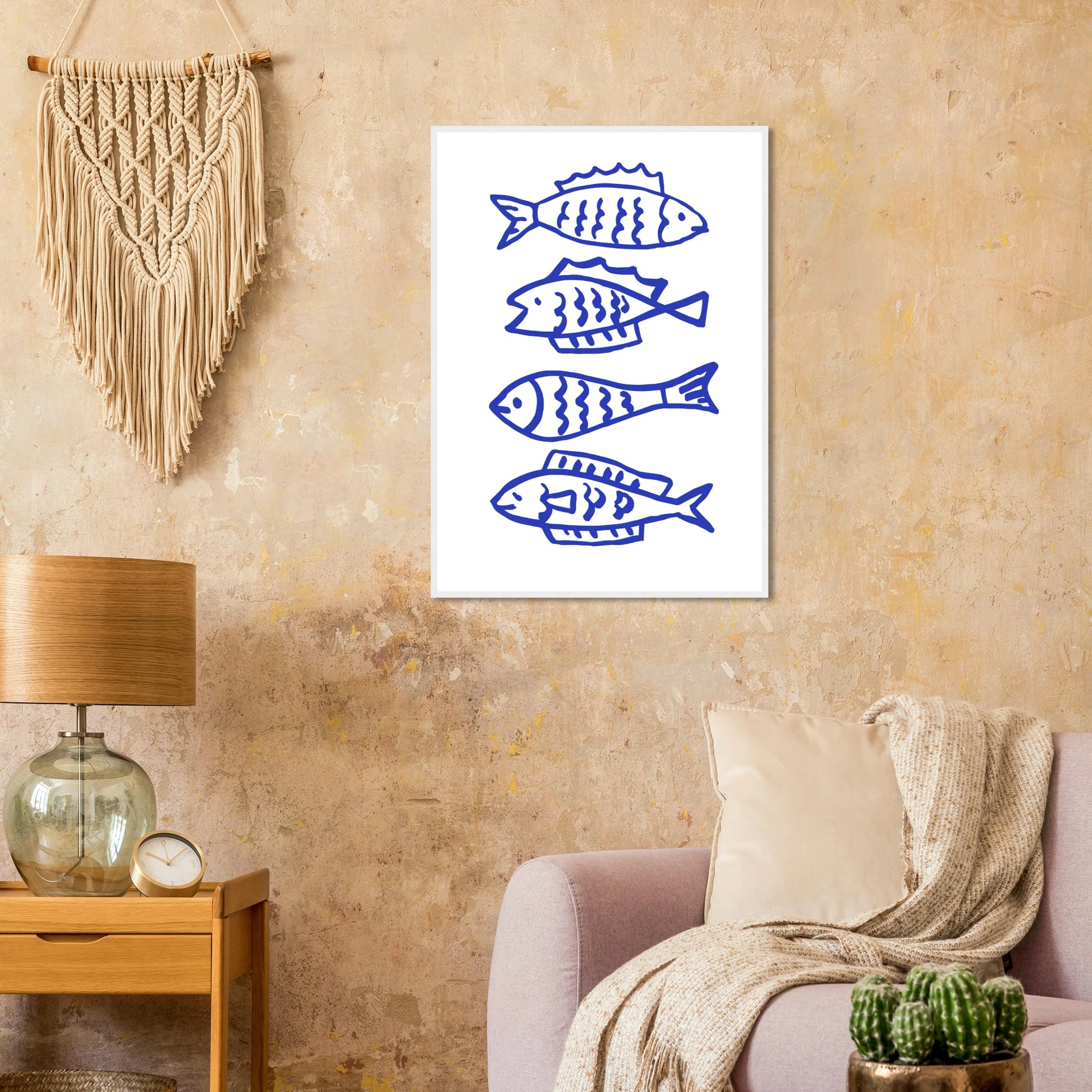 Abstract blue fish line art print by anya trut nautical charm for your home framed sized to perfection art print in a  size  affordable wall art by Art Aunty NZ