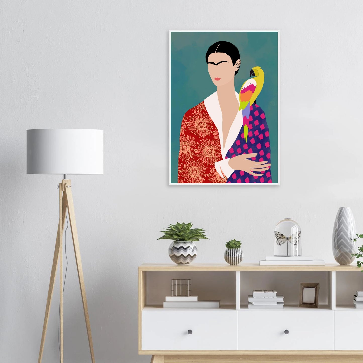 Fridas parrot bold abstract portrait art print in various sizes frames art print in a  size  affordable wall art by Art Aunty NZ