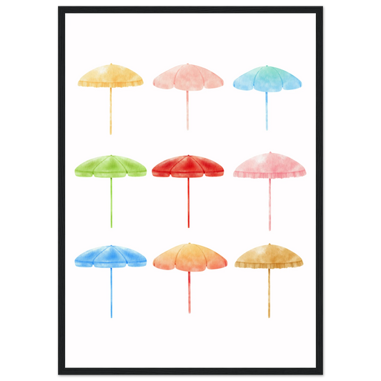Summer shades playful watercolor beach umbrellas art print by anya trut choose your size frame art print in a Wood frame size 21x29.7 cm / 8x12" affordable wall art by Art Aunty NZ