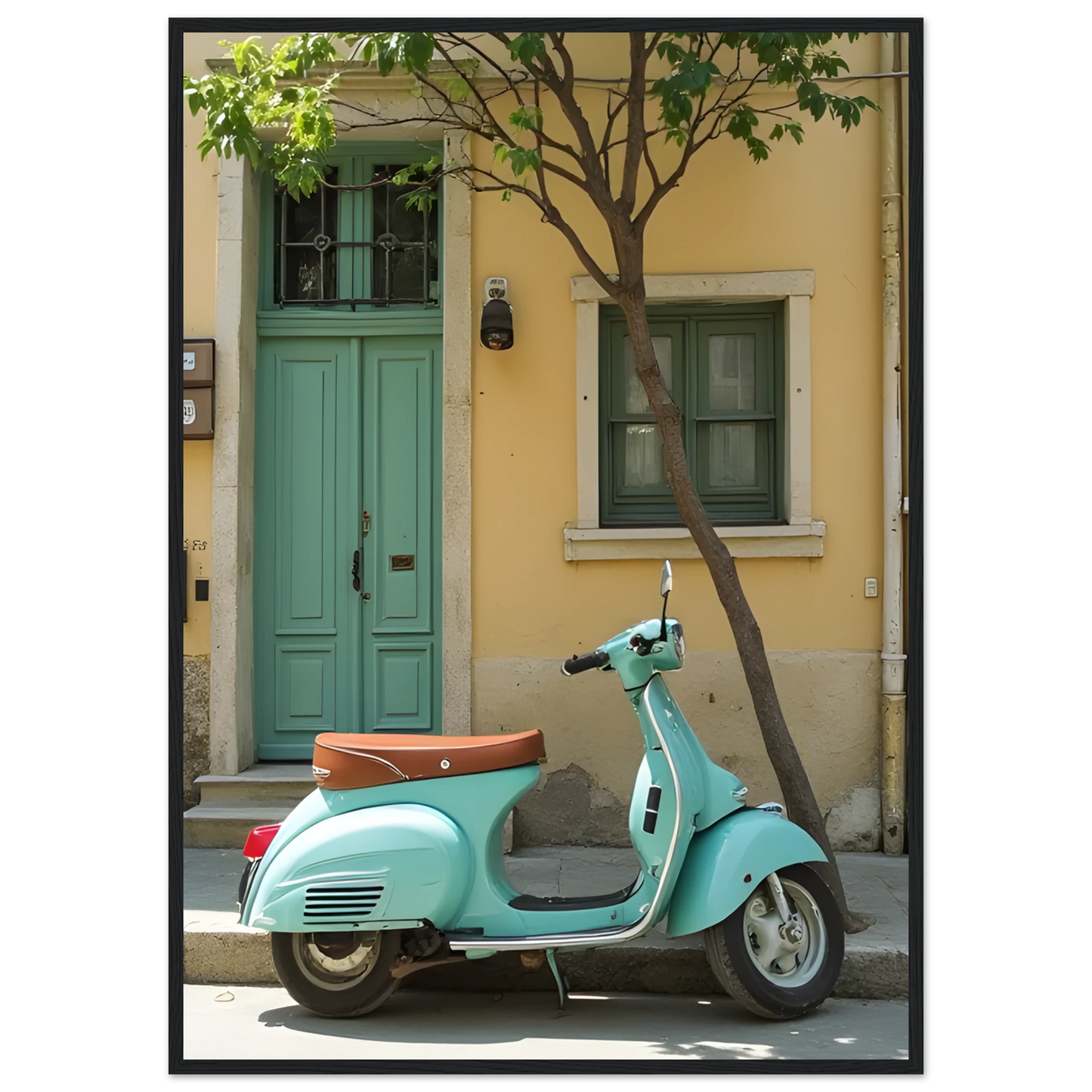 Retro teal vespa street scene art print by anya trut choose your size frame art print in a Black frame size A2 (42 x 59.4  cm) affordable wall art by Art Aunty NZ