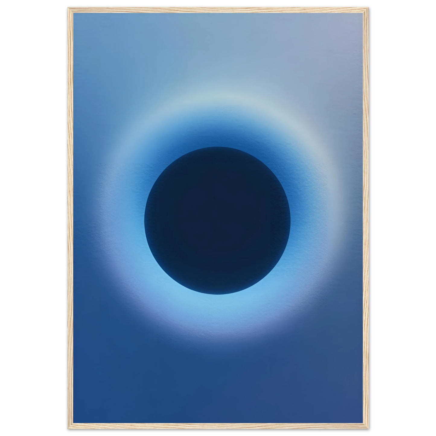 Cosmic aura eclipse art print mesmerizing blue black abstract circle for modern decor available in multiple sizes and frames art print in a Black frame size A1 (59.4 x 84.1  cm) affordable wall art by Art Aunty NZ