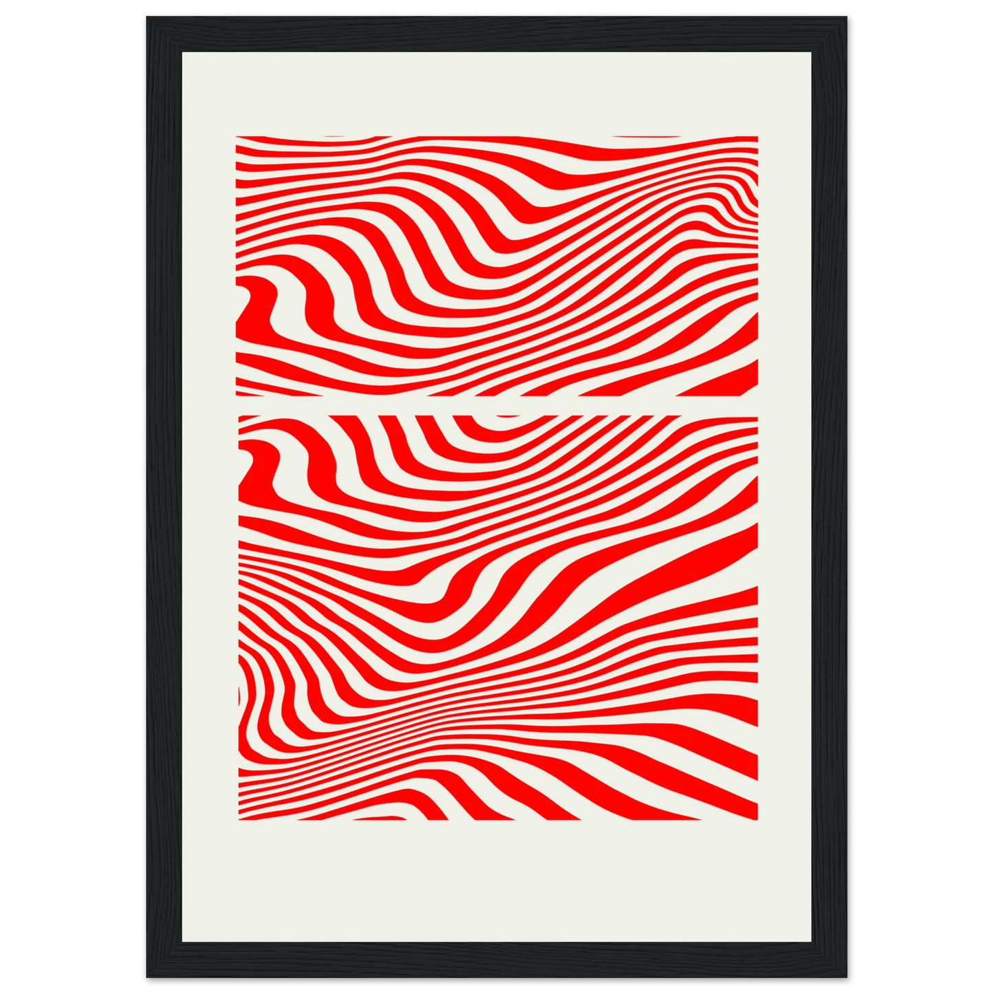 Psychedelic red white waves abstract print hypnotic rhythm framed poster in multiple sizes frame colors art print in a White frame size A2 (42 x 59.4  cm) affordable wall art by Art Aunty NZ