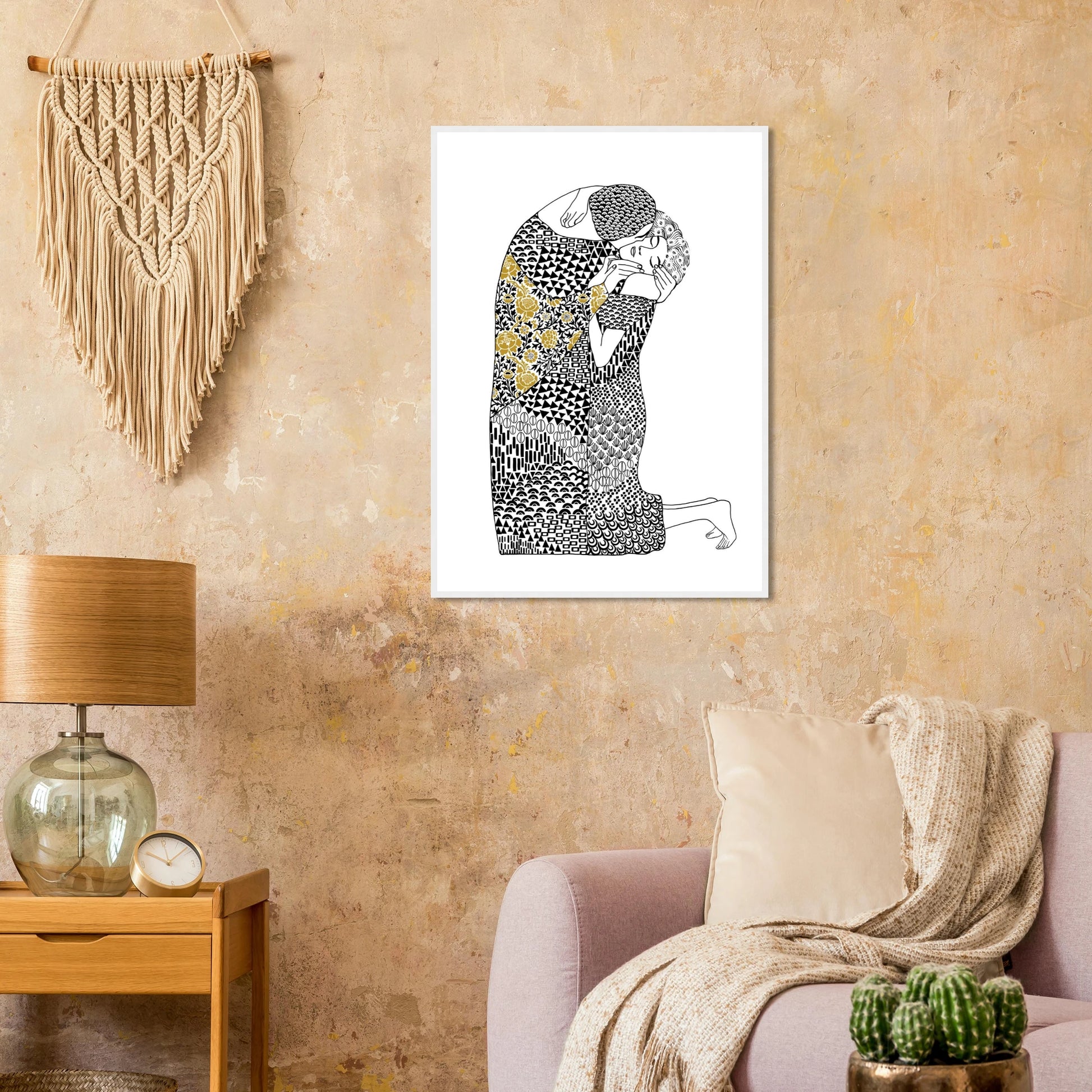 Abstract embrace golden floral geometric art print hand drawn expression on premium poster art print in a  size  affordable wall art by Art Aunty NZ
