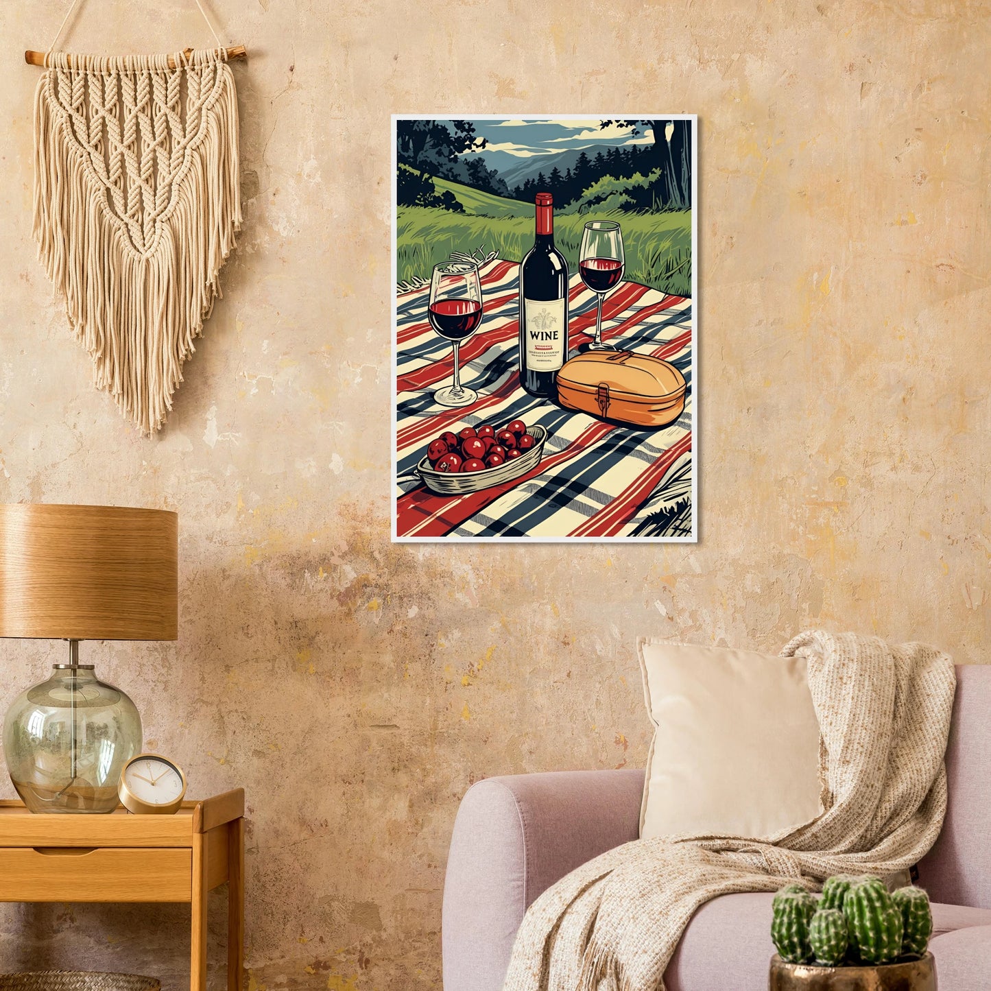 Summer picnic wine cherries serene landscape art print choose your size frame art print in a  size  affordable wall art by Art Aunty NZ