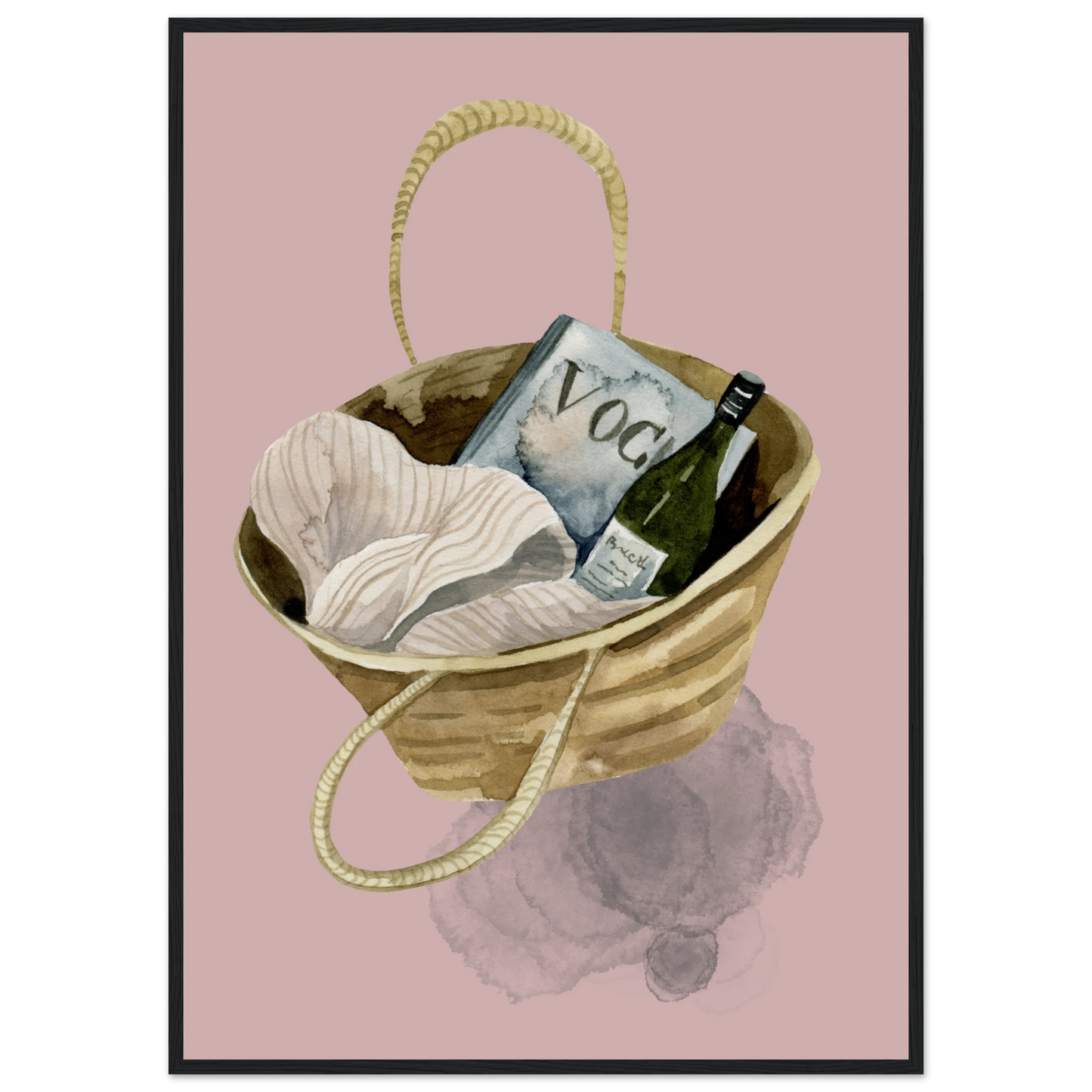 Chic beach bag with vogue wine watercolor art print boho summer aesthetic wall decor by anya trut art print in a Black frame size A2 (42 x 59.4  cm) affordable wall art by Art Aunty NZ