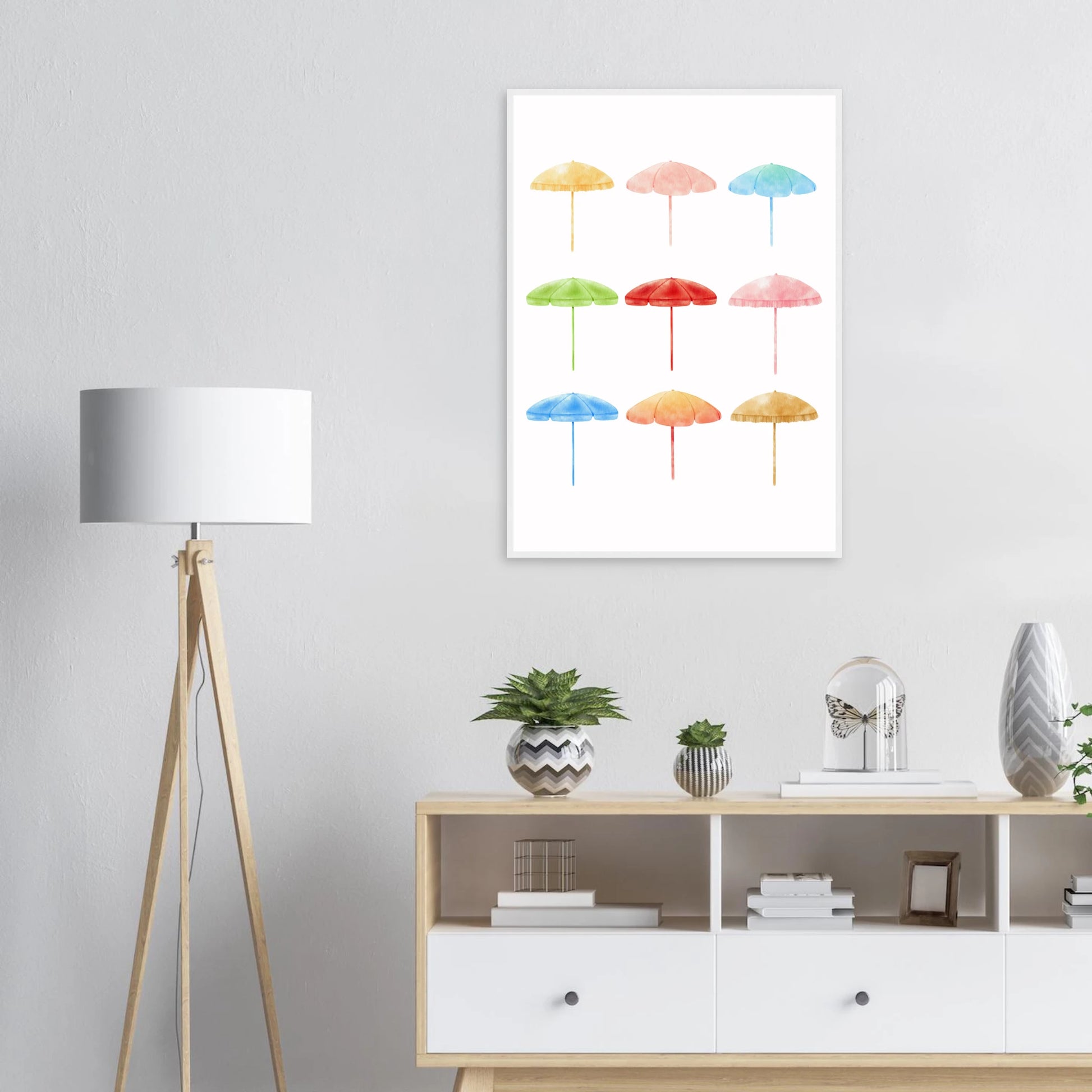 Summer shades playful watercolor beach umbrellas art print by anya trut choose your size frame art print in a  size  affordable wall art by Art Aunty NZ