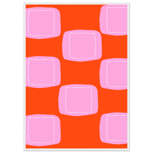Abstract geometric print vibrant orange pink wall art by anya trut choose your size frame art print in a White frame size 21x29.7 cm / 8x12" affordable wall art by Art Aunty NZ