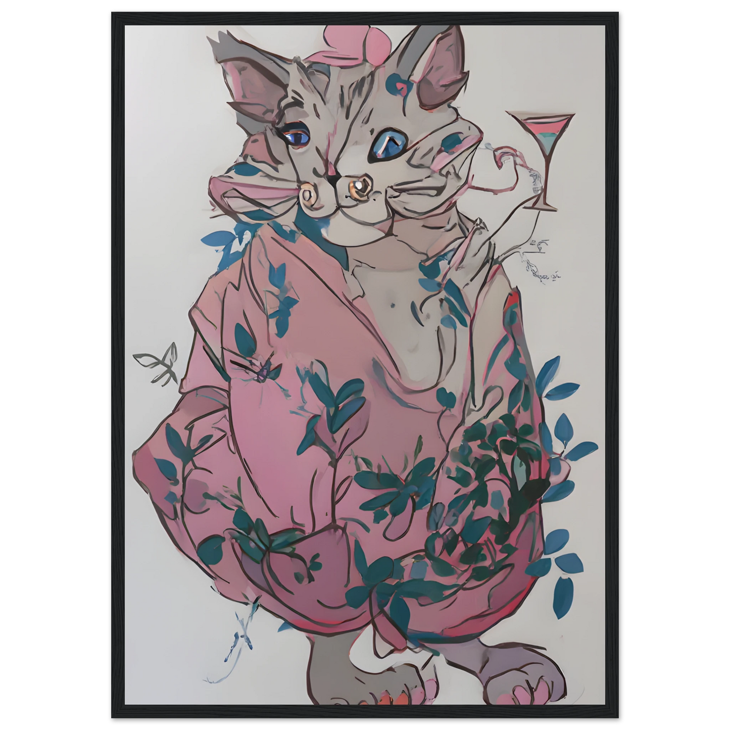 Chic cat with cocktail whimsical pink blue floral art print by anya trut choose your size frame art print in a Wood frame size 21x29.7 cm / 8x12" affordable wall art by Art Aunty NZ