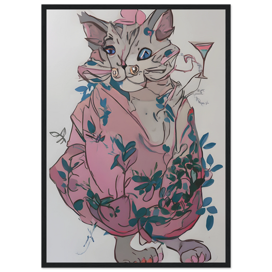 Chic cat with cocktail whimsical pink blue floral art print by anya trut choose your size frame art print in a Wood frame size 21x29.7 cm / 8x12" affordable wall art by Art Aunty NZ