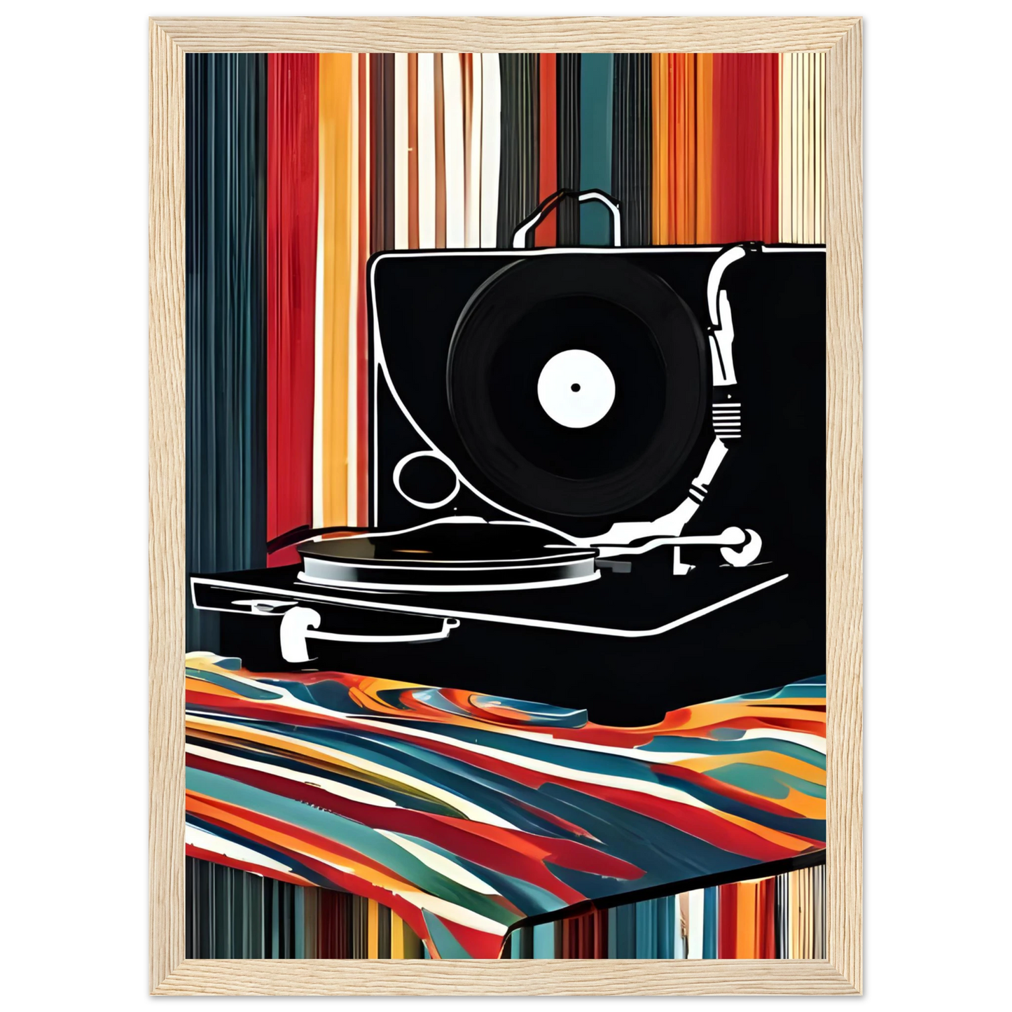 Retro groove record player framed poster vibrant pop art for your home multiple sizes frames art print in a Black frame size 21x29.7 cm / 8x12" affordable wall art by Art Aunty NZ
