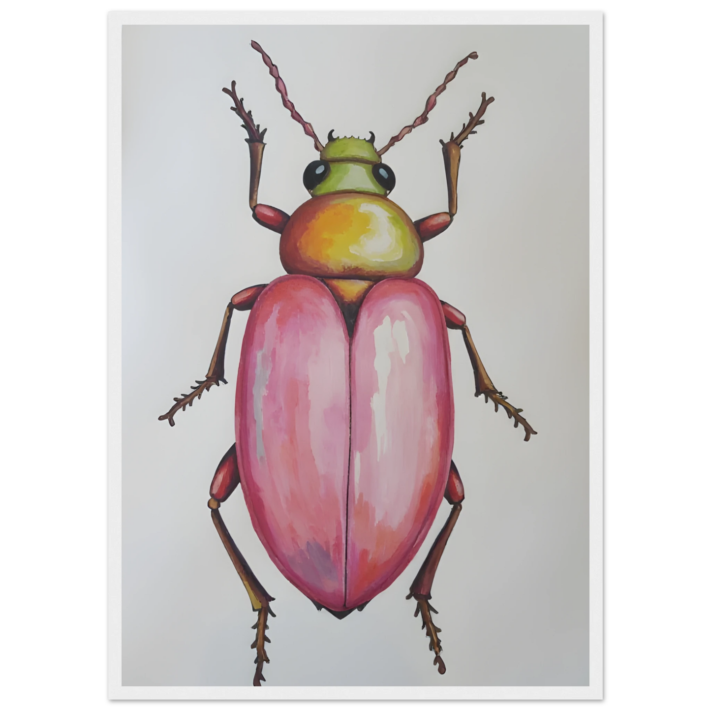 4pm whimsical pink green beetle art print for modern spaces available in three sizes and frame finishes art print in a Wood frame size A2 (42 x 59.4  cm) affordable wall art by Art Aunty NZ