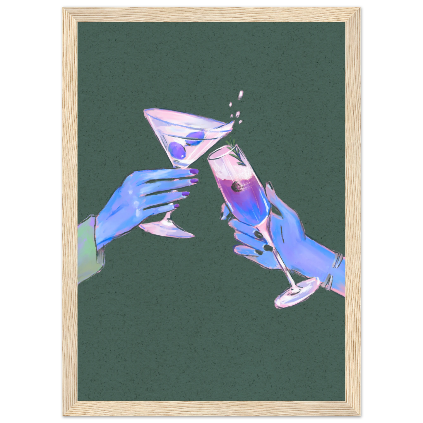 4pm cheers art print vibrant cocktail illustration for modern spaces available in multiple sizes and frames art print in a Black frame size A1 (59.4 x 84.1  cm) affordable wall art by Art Aunty NZ