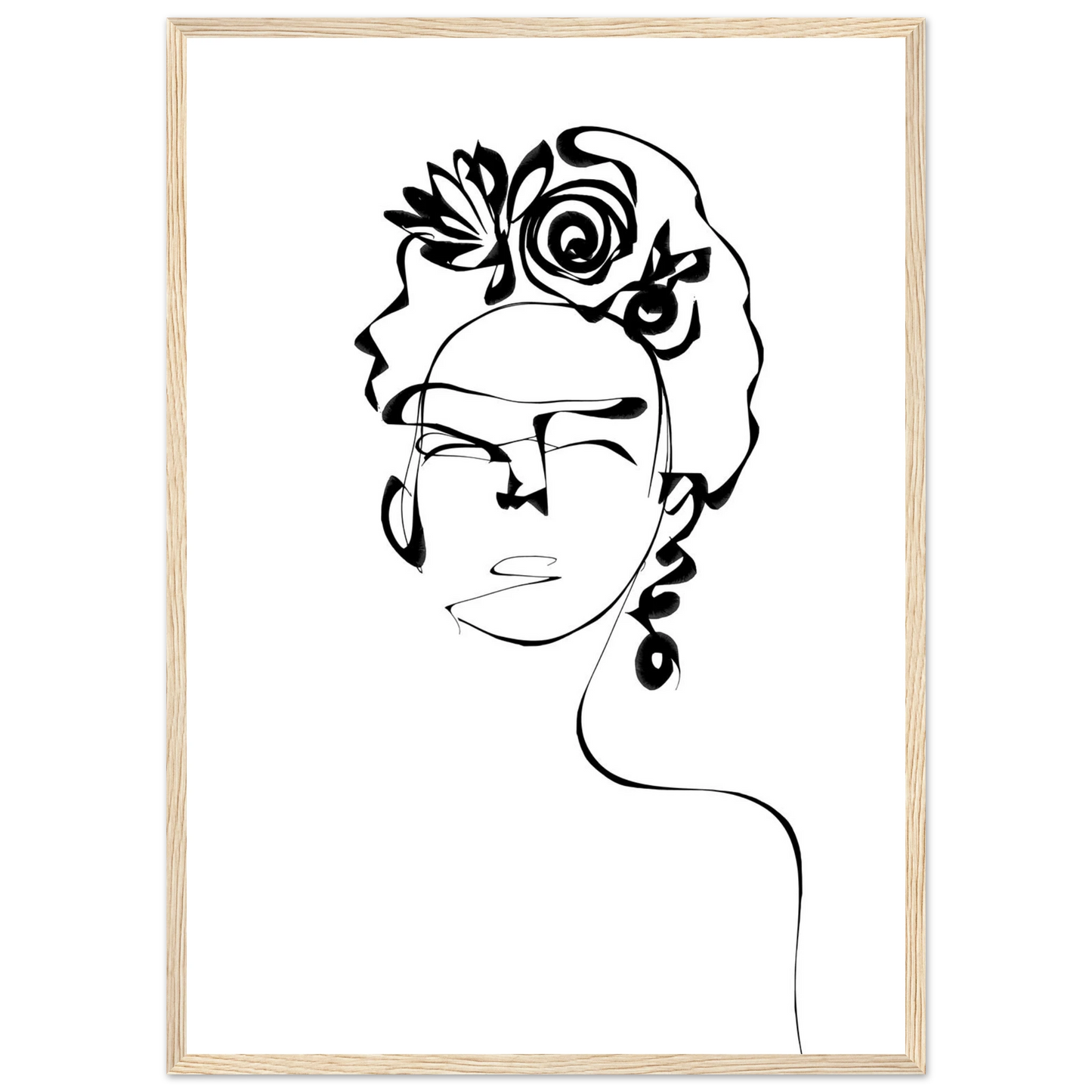 Minimalist frida kahlo inspired line art poster abstract floral portrait print in your choice of size and frame art print in a Black frame size A1 (59.4 x 84.1  cm) affordable wall art by Art Aunty NZ