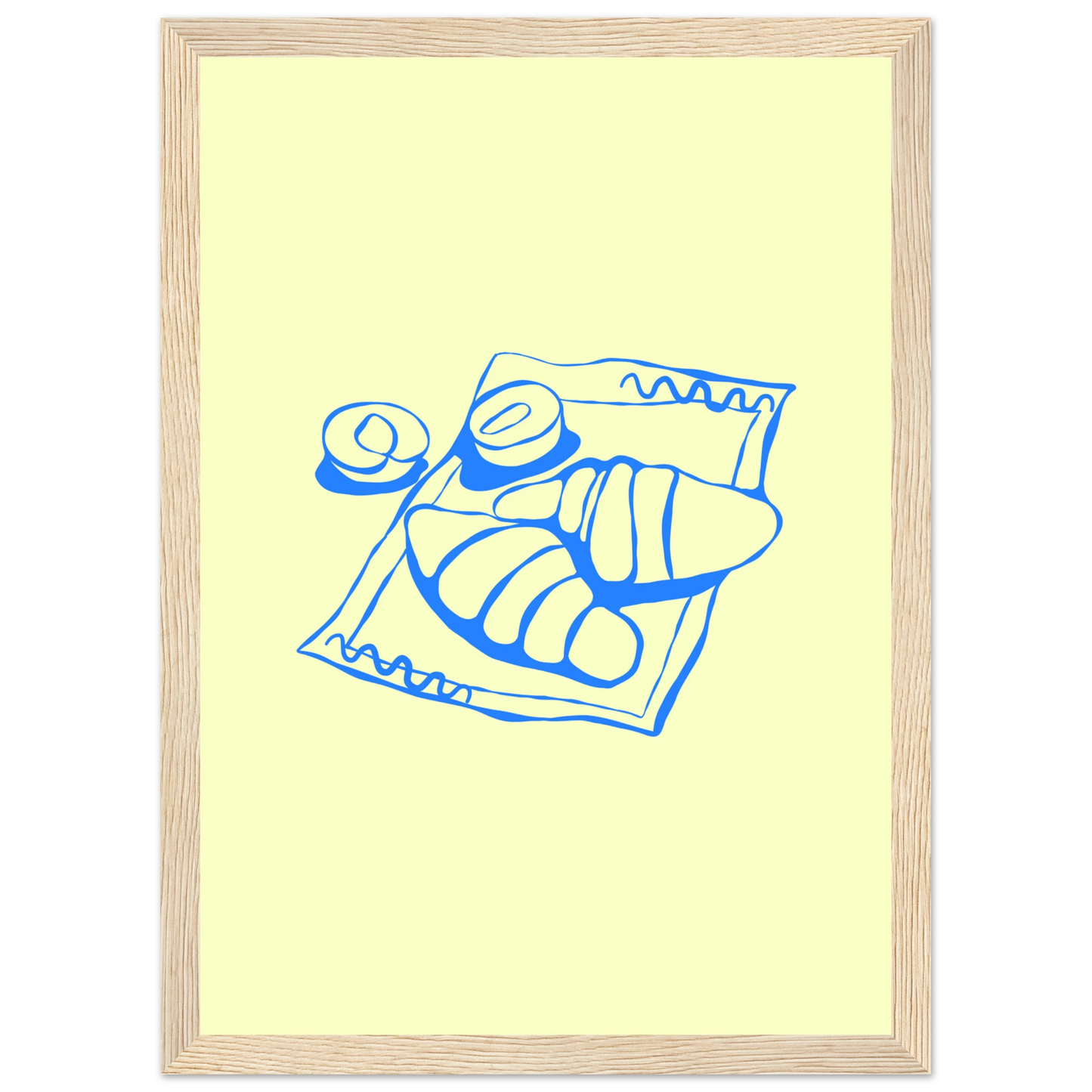 Minimalist blue croissant art print charming breakfast illustration in your choice of frame size art print in a Black frame size 21x29.7 cm / 8x12" affordable wall art by Art Aunty NZ