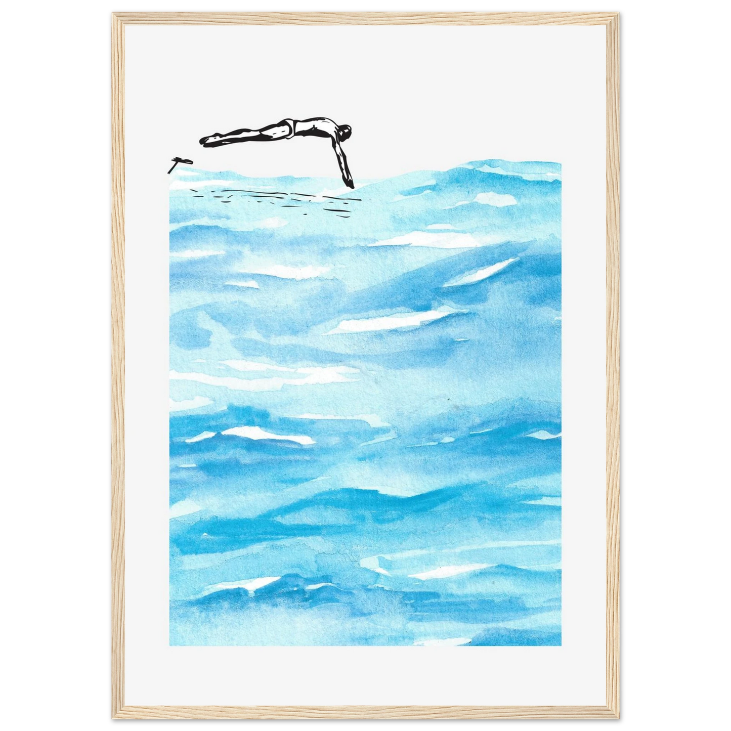 Deep diving art print in a Wood frame size A2 (42 x 59.4  cm) affordable wall art by Art Aunty NZ