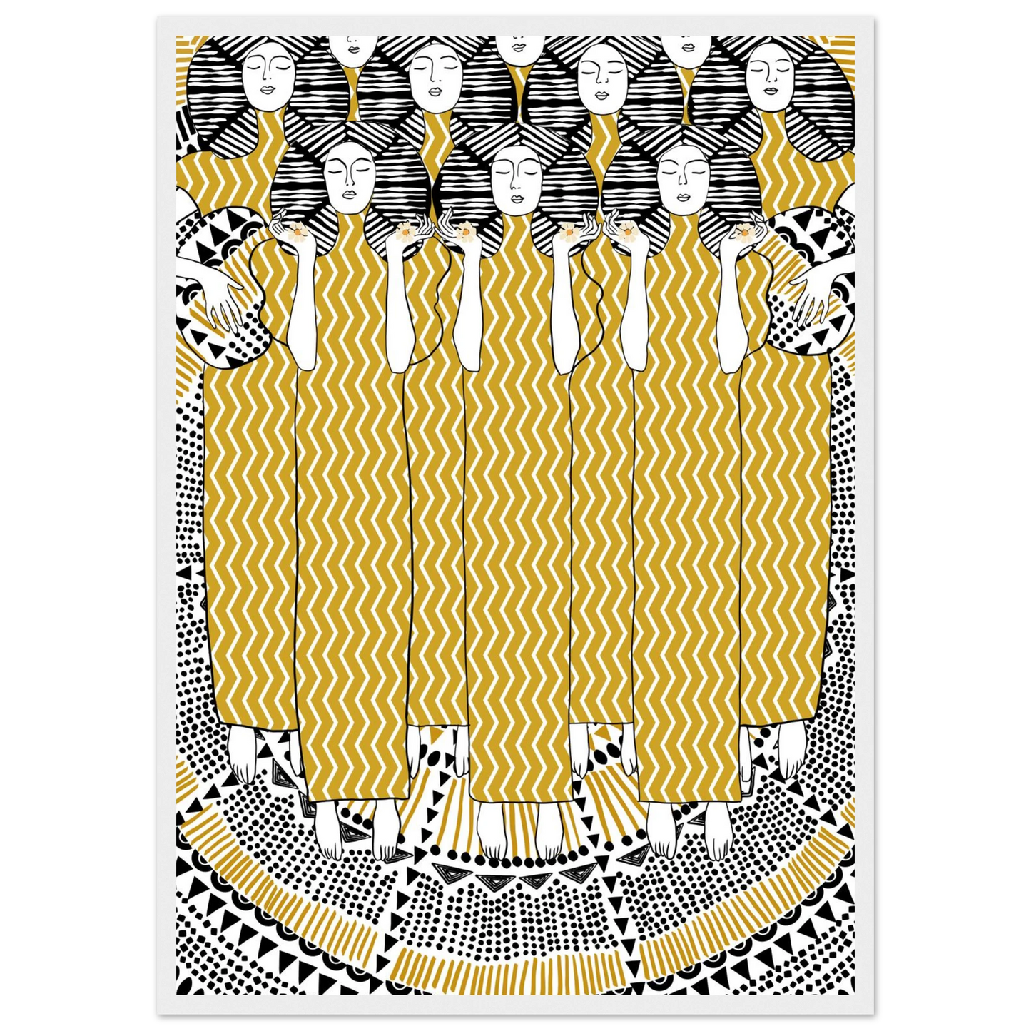 Golden women art print bohemian serenity with geometric patterns your choice of size frame art print in a Black frame size 21x29.7 cm / 8x12" affordable wall art by Art Aunty NZ