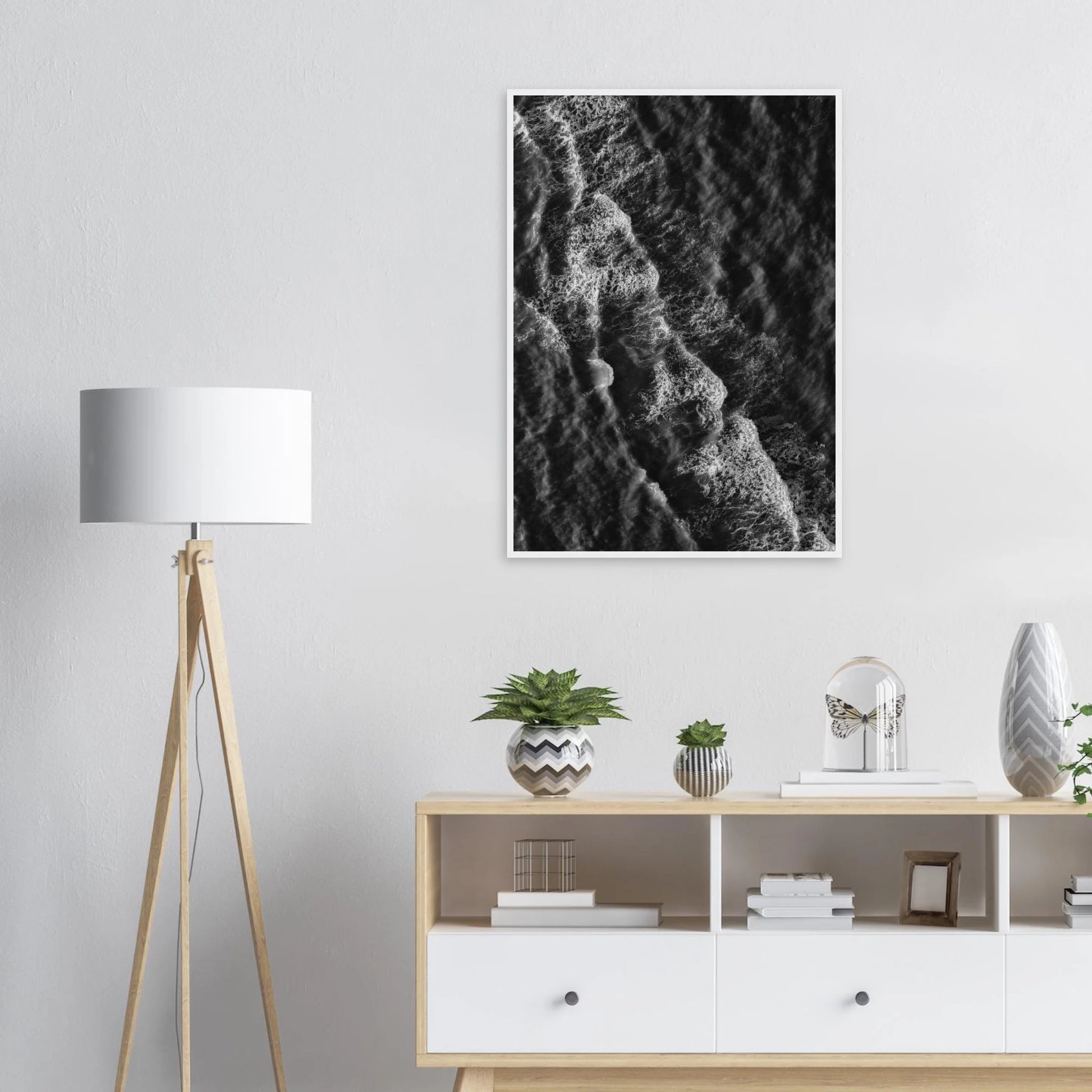 Oceanic echoes black white wave art print by anya trut choose your size frame art print in a  size  affordable wall art by Art Aunty NZ