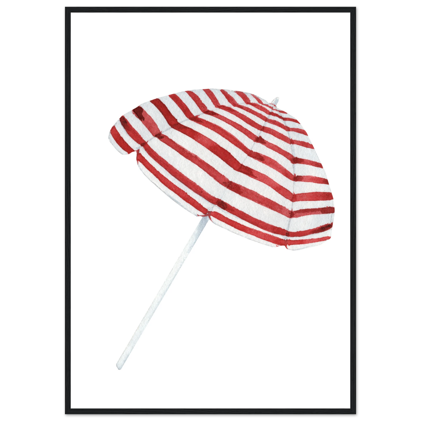 Summer stripes beach umbrella art print by anya trut coastal chic wall decor in multiple sizes frames art print in a Black frame size A2 (42 x 59.4  cm) affordable wall art by Art Aunty NZ