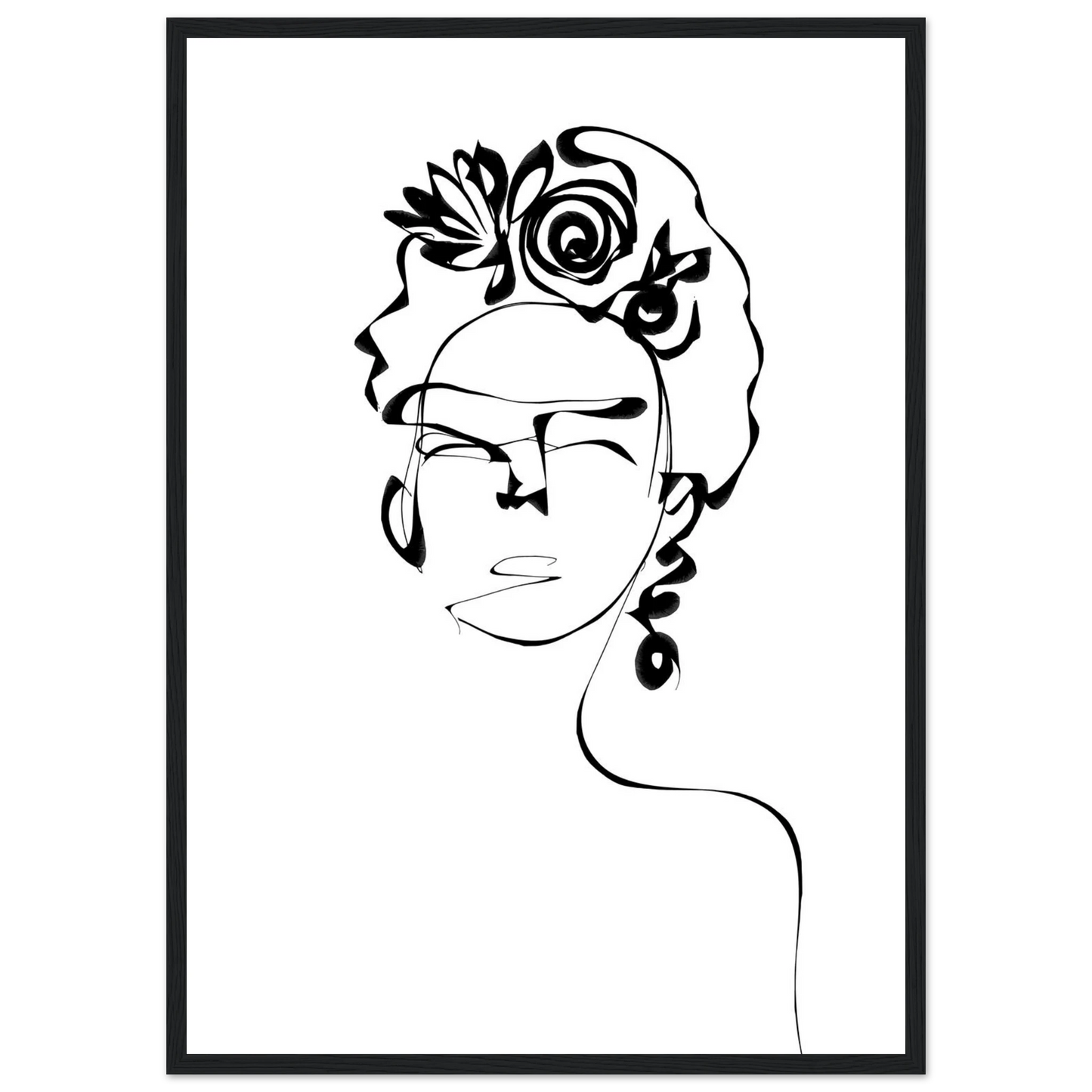 Minimalist frida kahlo inspired line art poster abstract floral portrait print in your choice of size and frame art print in a White frame size A2 (42 x 59.4  cm) affordable wall art by Art Aunty NZ