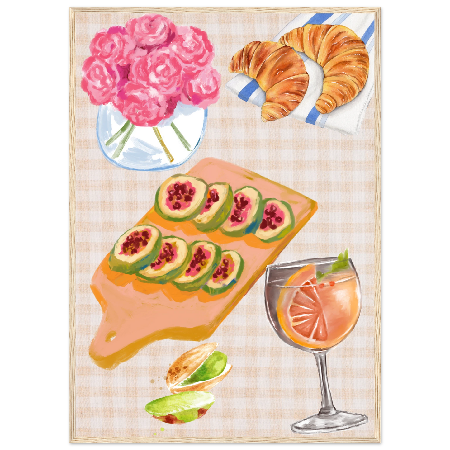 Summer brunch still life framed poster anya trut original artwork 1 art print in a Black frame size A1 (59.4 x 84.1  cm) affordable wall art by Art Aunty NZ